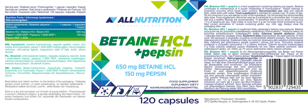 Allnutrition Βηταΐνη HCL + Πεψίνη, Κάψουλες