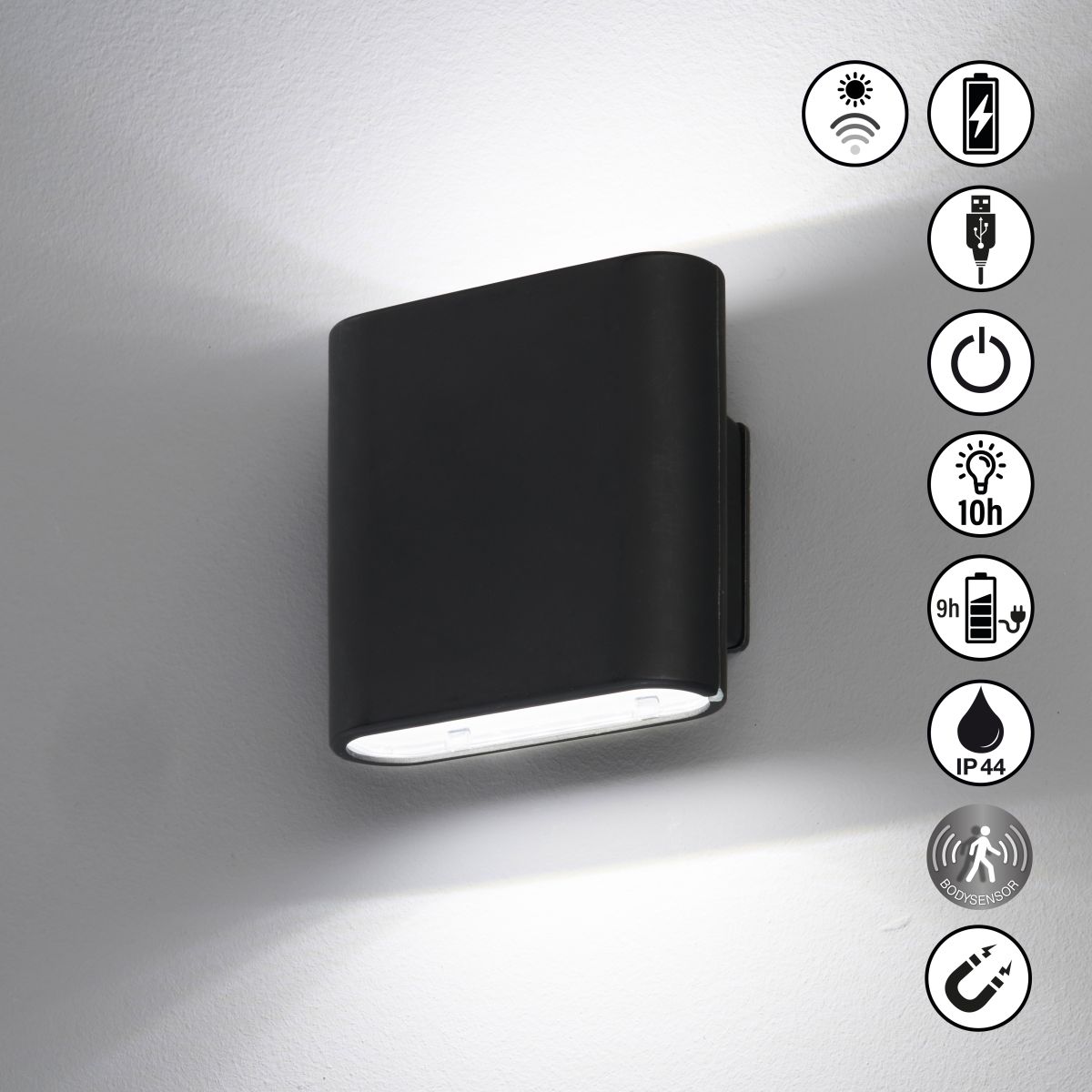 Fischer & Honsel Akku Wandlampe Magnetics Schwarz 10 x 10 cm