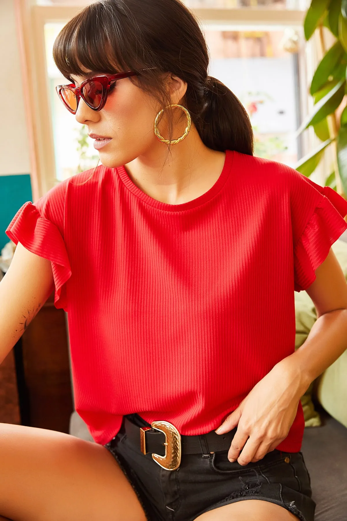 Olalook  Rotes Rüschen-Camisole-T-Shirt für Damen mit roten Ärmeln TSH-19000417