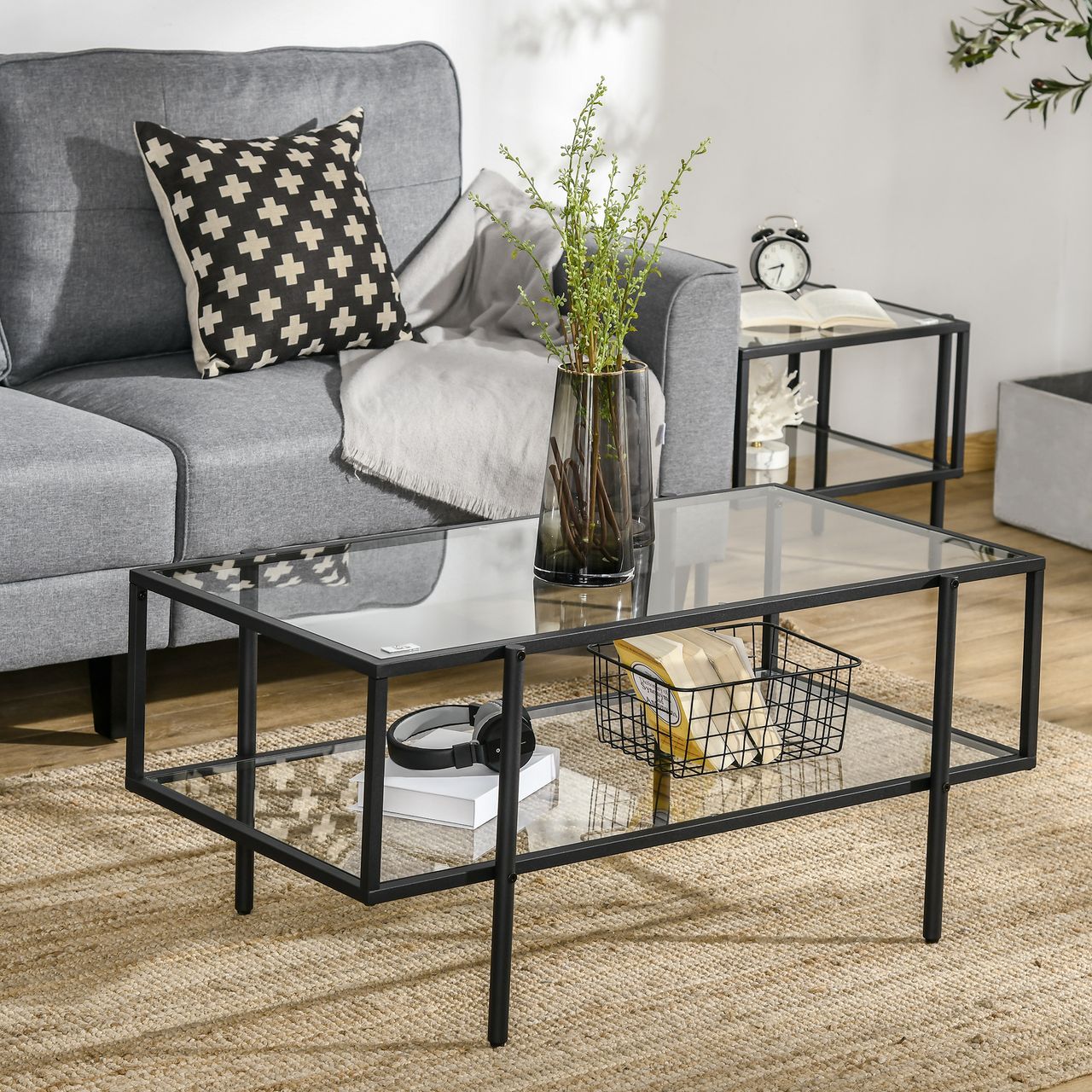 HOMCOM Beistelltisch mit Glasplatte Couchtisch mit 3 Regalen mit Stahlrahmen Glas Schwarz 100 x 55 x 45,5 cm