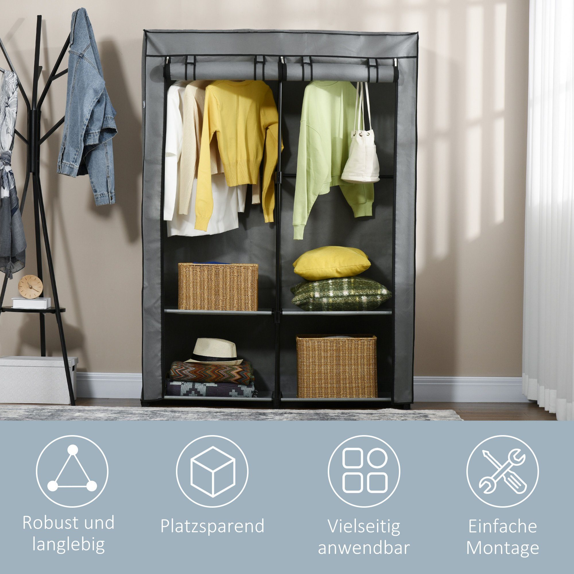 HOMCOM Stoffschrank Faltschrank mit Kleiderstangen, 4 Fächern (Faltbare Garderobe, 1-St., Kleiderschrank)