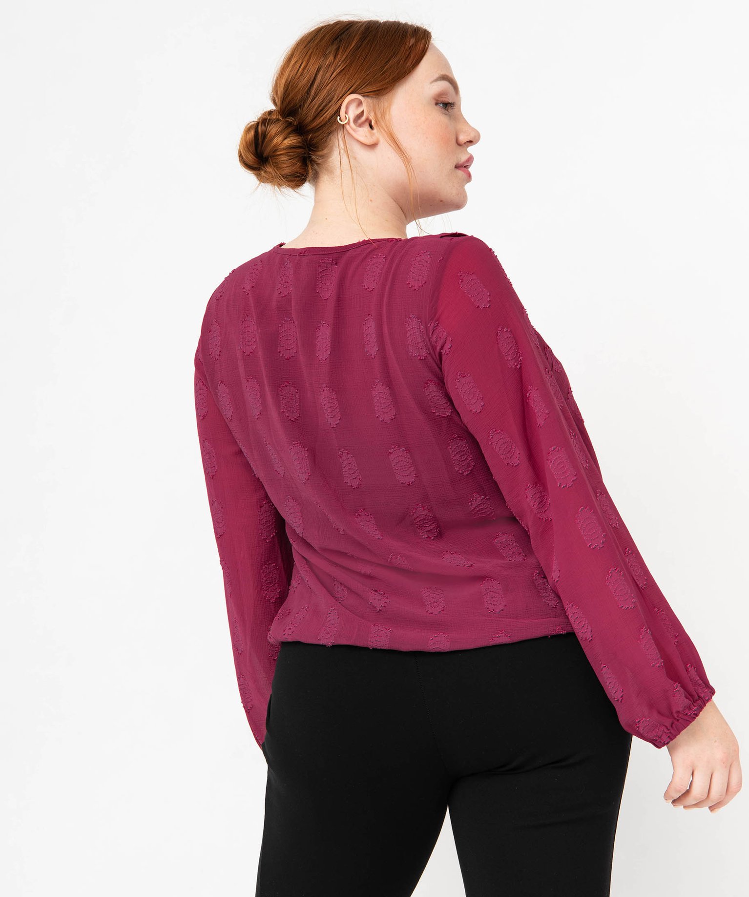 Blouse à manches longues avec col à volant femme grande ta... bordeaux | GEMO