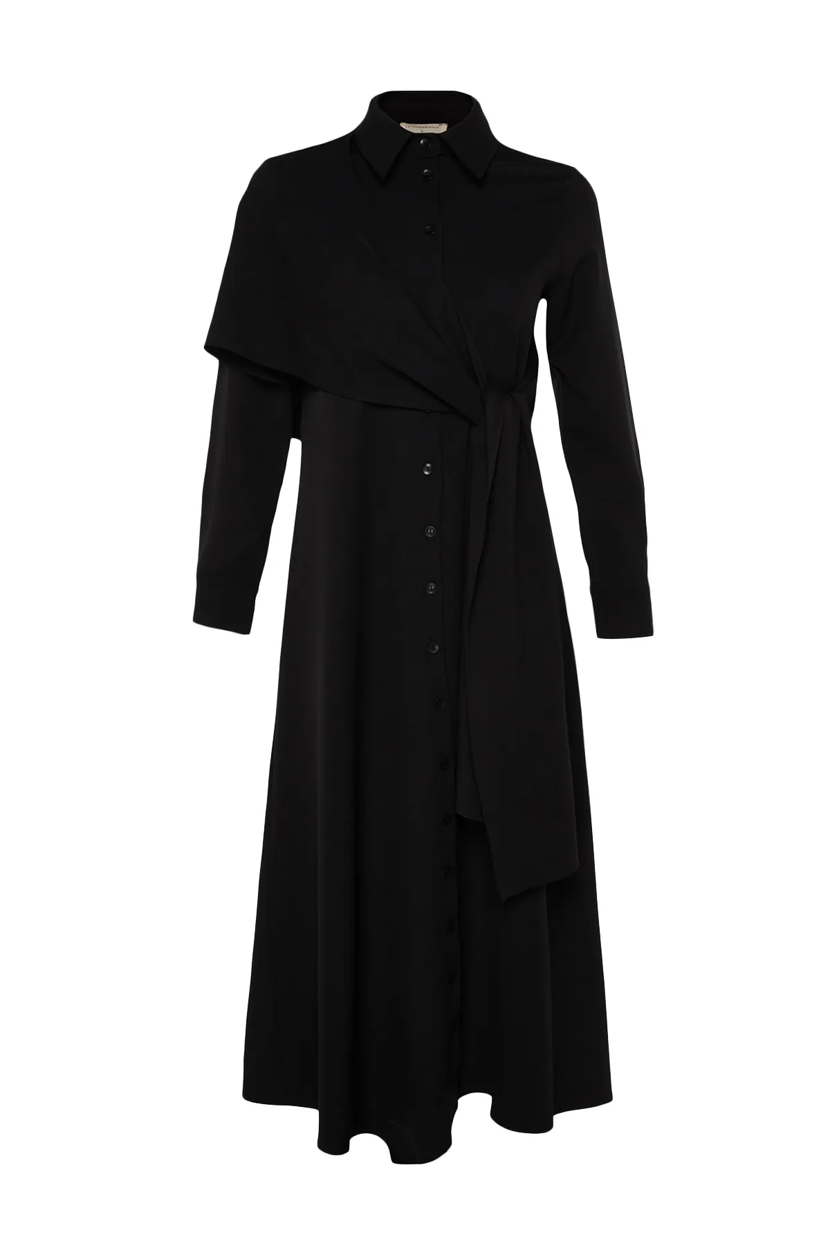Trendyol Modest  X Kevser Sarıoglu Schwarzes gewebtes Hemdblusenkleid mit abnehmbarem Bindedetail TCLSS23EB00013
