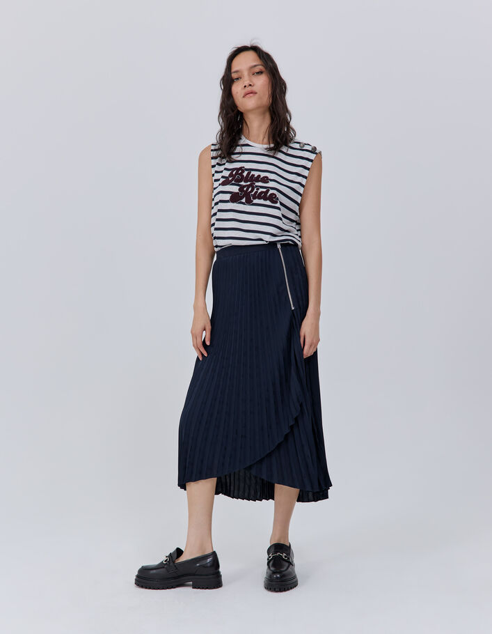 Jupe marine plissée jacquard motif têtes de mort Femme