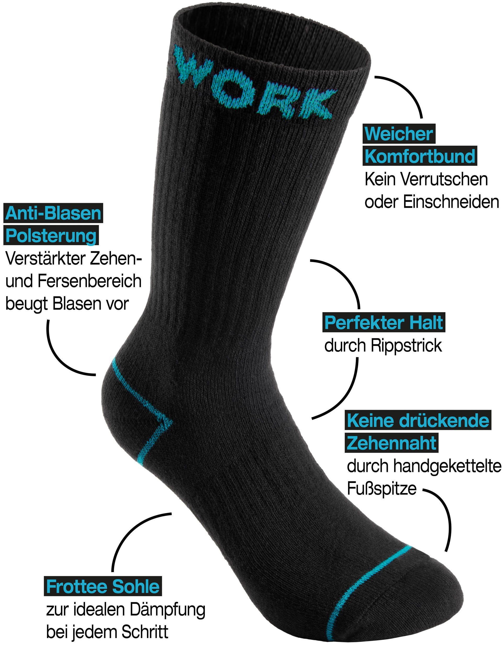 BRUBAKER Arbeitssocken für Herren - 10 oder 20 Paar Work Socken - Schwarz Türkis (Verstärkter Fersen und Zehenbereich, 10-Paar, Work Socks Arbeitssocken aus Baumwolle) Robuste Funktionssocken für optimalen Halt auf der Arbeit