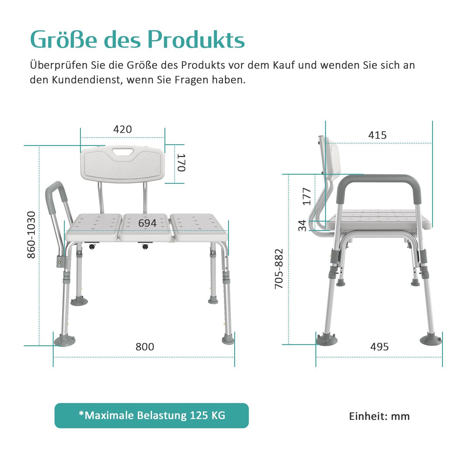 EMKE Duschhocker Duschhilfe Sitzfläche mit Sicherheitsgriffen Badhocker mit Armlehnen, Höhenverstellbar Anti-Rutsch-Gummifüße Belastbar bis 125 kg