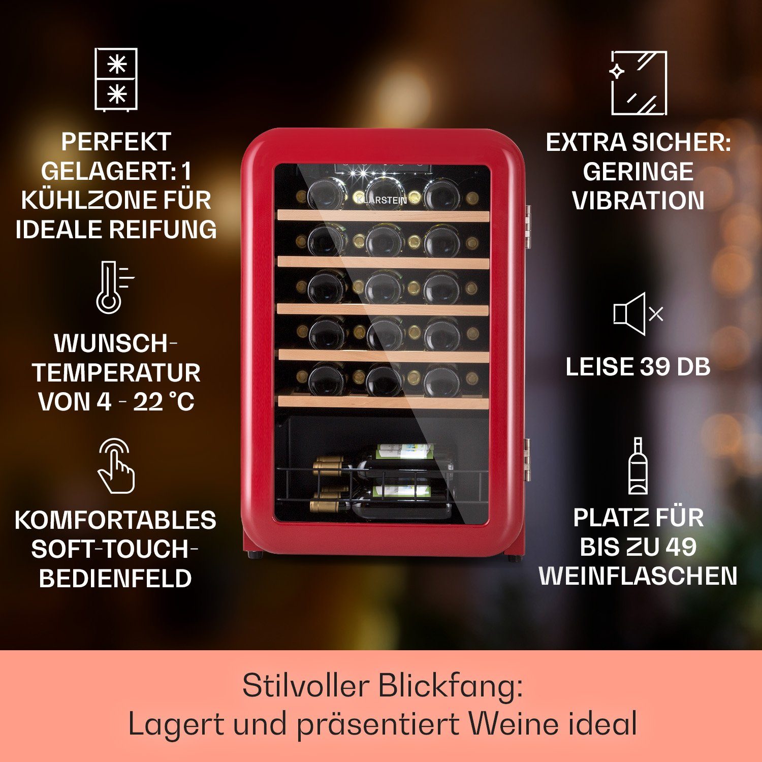 Klarstein Weinkühlschrank Vinetage 49 Uno, für 49 Standardflaschen á 0,75l,Flaschenkühlschrank Weintemperierschrank Weinschrank Kühlschrank Retro