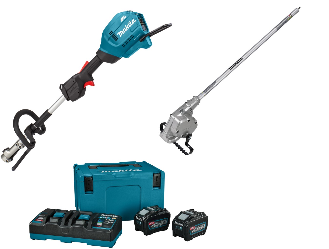 Makita UX01GT2NL1 Trådløs kombinasjonssystem D-håndtak 40V Max + Ugresshakke + Startsett XGT DC40RB Dobbellader + 2 x Batteri BL4050F