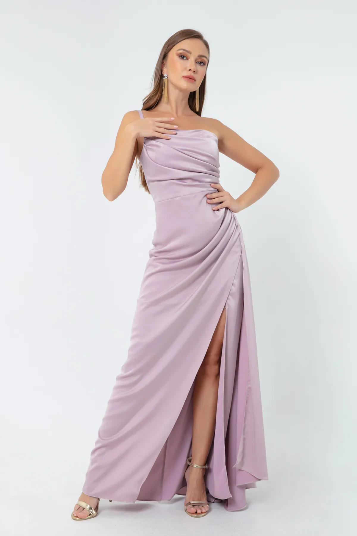 Lafaba  Fliederfarbenes One-Shoulder-Satin-Abend- und Abschlusskleid für Damen
