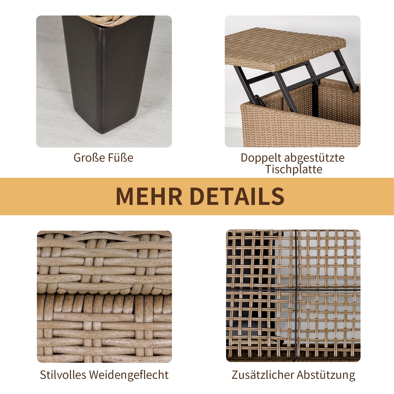 Outsunny Polyrattan Garten Balkontisch ausziehbar Stahl Khaki 103 x 50 x 45,5 cm