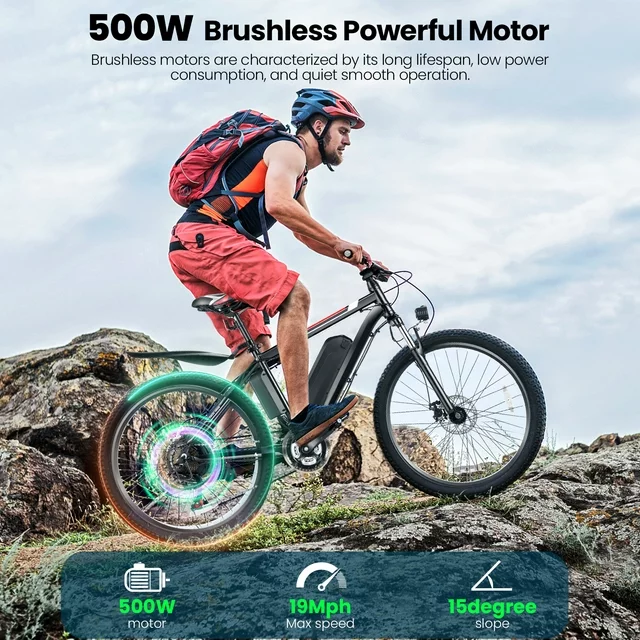 Gocio 500W Electric Bike 26 Electric Bicycle for Adults with Cruise Control System Ebike, Mountain Bike with Removable 375Wh Lithium-Ion Battery 50 Miles, 21 Speed Commuter Bike for Man Woman
