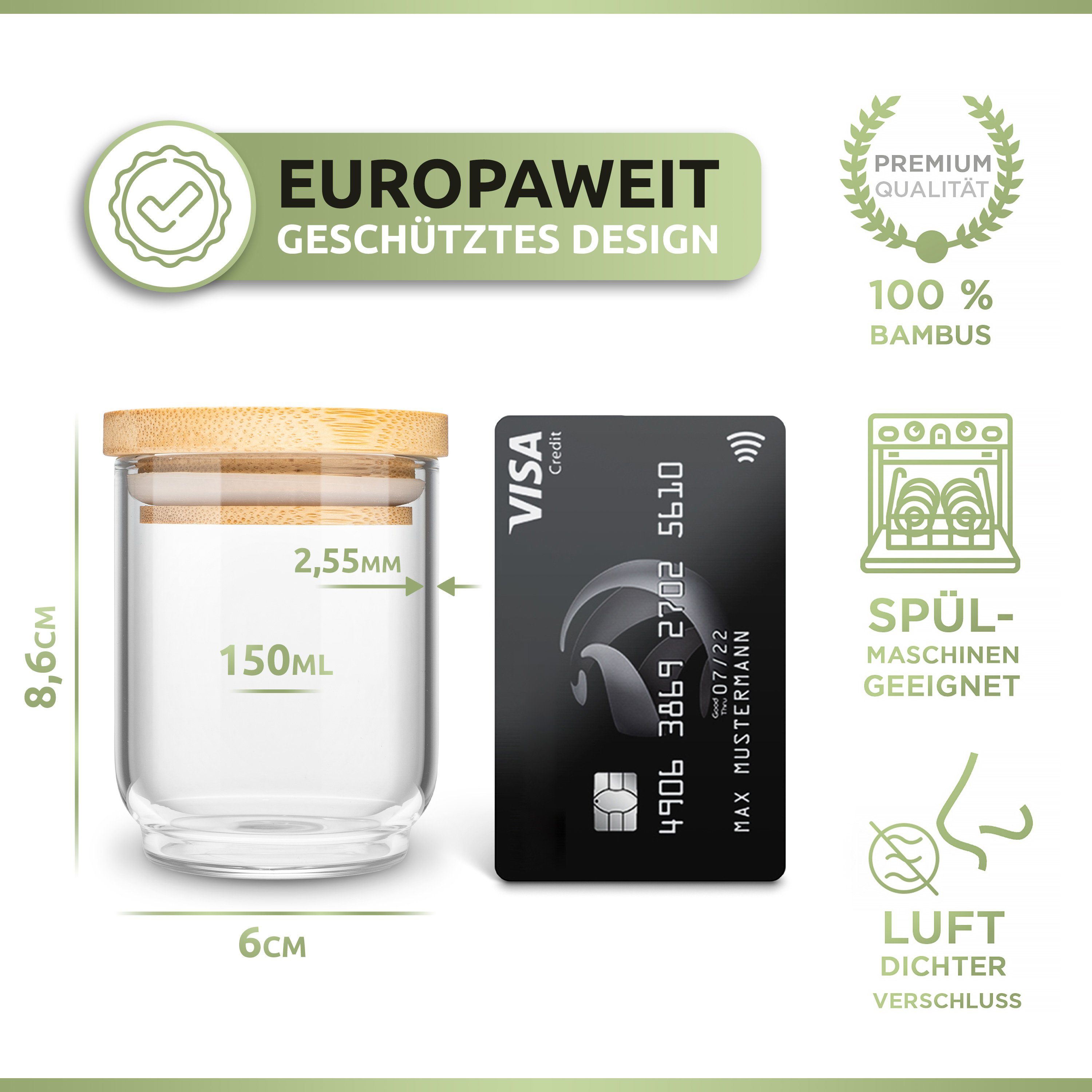 PORADA Gewürzbehälter Set 150ml stapelbare Gewürzgläser Glasbehälter Bambus Deckel, (Set, 12-tlg., Set), Handarbeit, platzsparend, stapelbar, Bambusdeckel