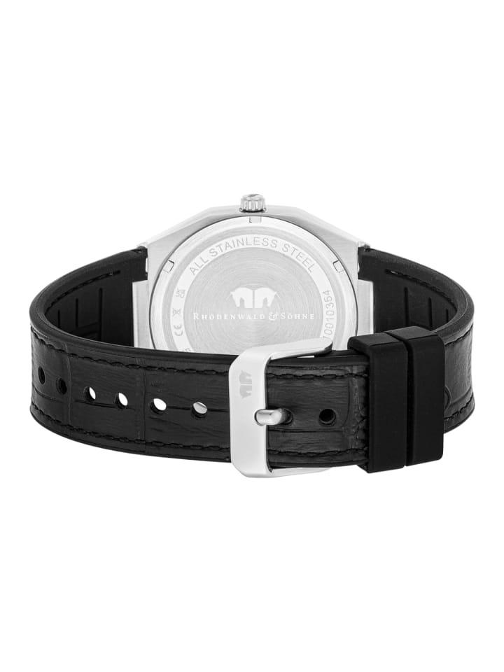 Rhodenwald & Söhne Herren Quarzuhr silber Echtleder/Silikon schwarz in schwarz günstig kaufen 21,5 cm