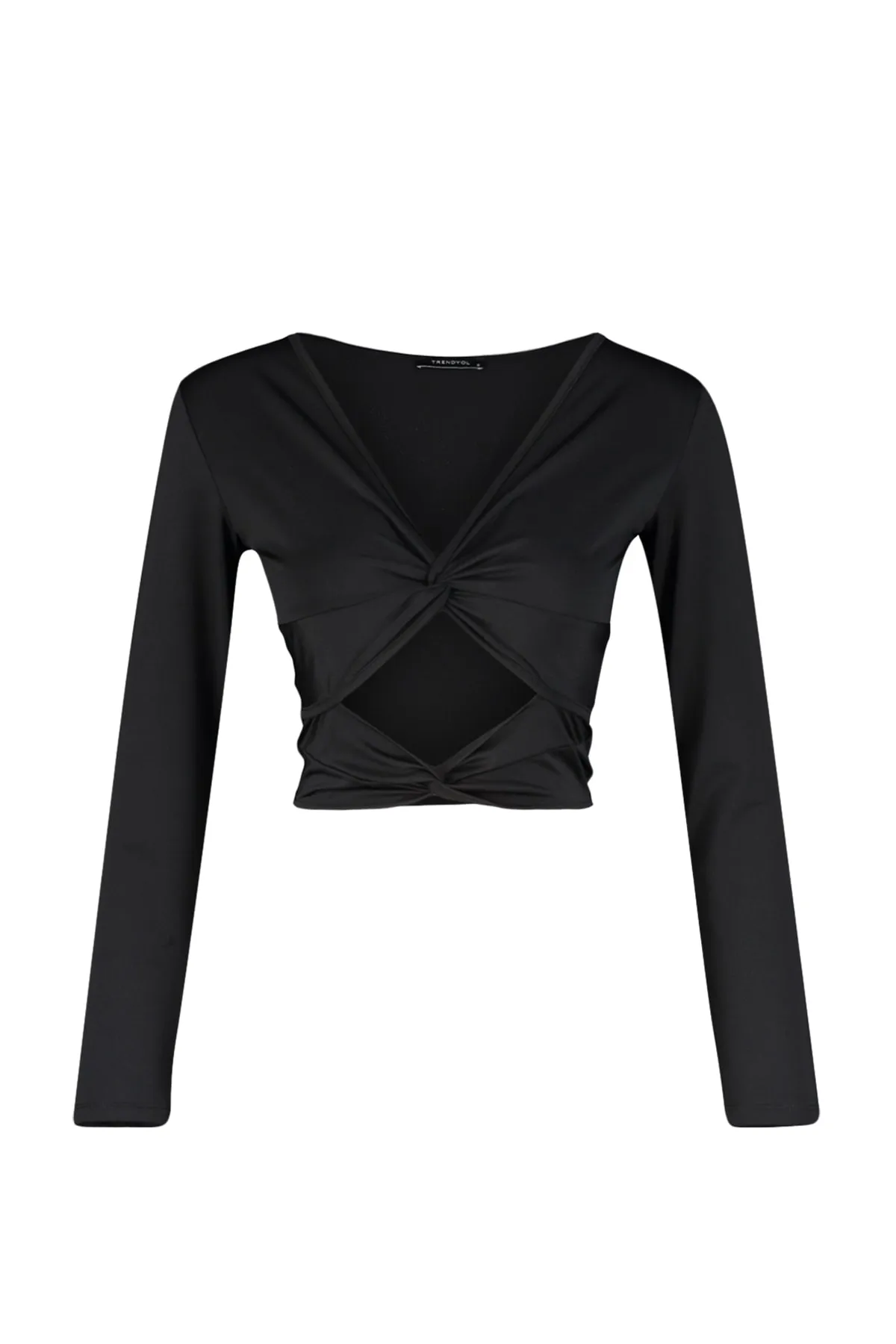 Trendyol Collection  Schwarze, eng anliegende, kurze Strickbluse mit V-Ausschnitt und Cut-Outs TWOSS23BZ00383