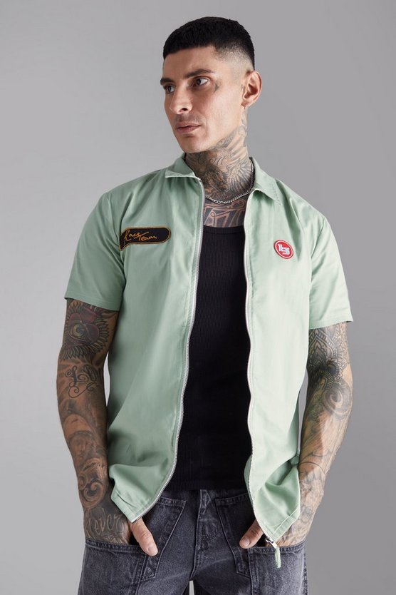 Tall kurzärmliges Twill Moto-Hemd mit Reißverschluss