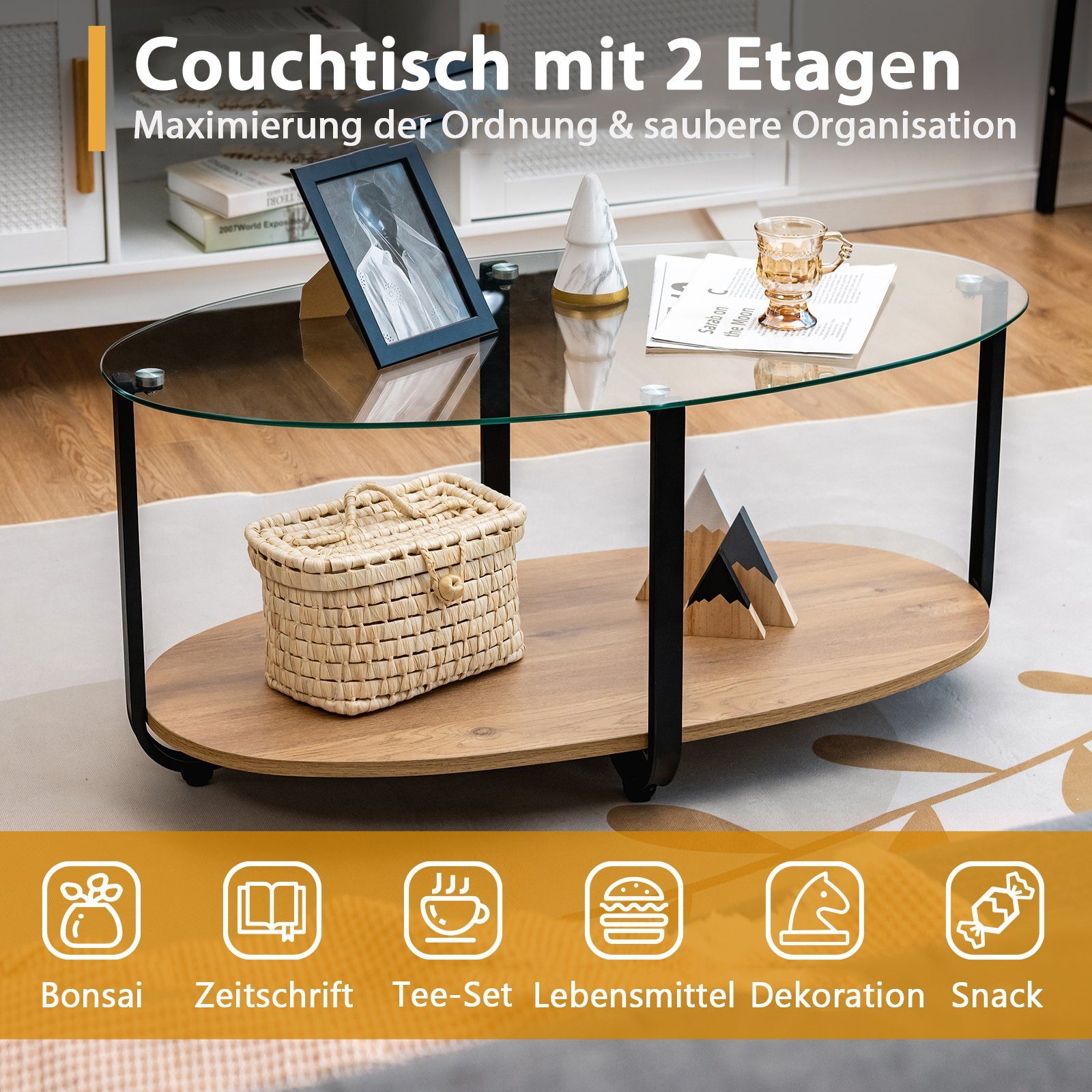 COSTWAY Couchtisch, Glas 2 Ebene mit Stauraum, Metallrahmen, oval, 95x50x44cm