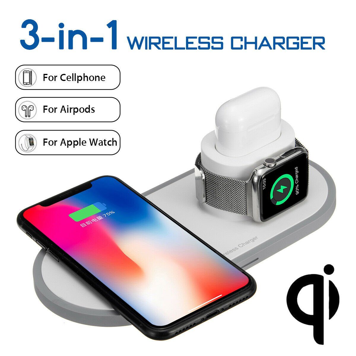 2Pace Smartphone-Dockingstation 2Pace® 3 in 1 QI Charger 10W Ladegerät Ladestation für Apple Watch, Airpods Anschluss,Apple Watch Anschluss