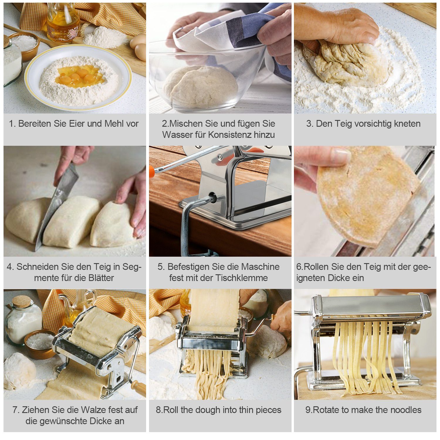 Clanmacy Nudelmaschine Edelstahl Pastamaschine Nudelaufsätze Pasta Maker Frische manuelle Pasta Walze für Spaghetti Bandnudeln Lasagne Cannelloni, 9 Nudelbvarianten