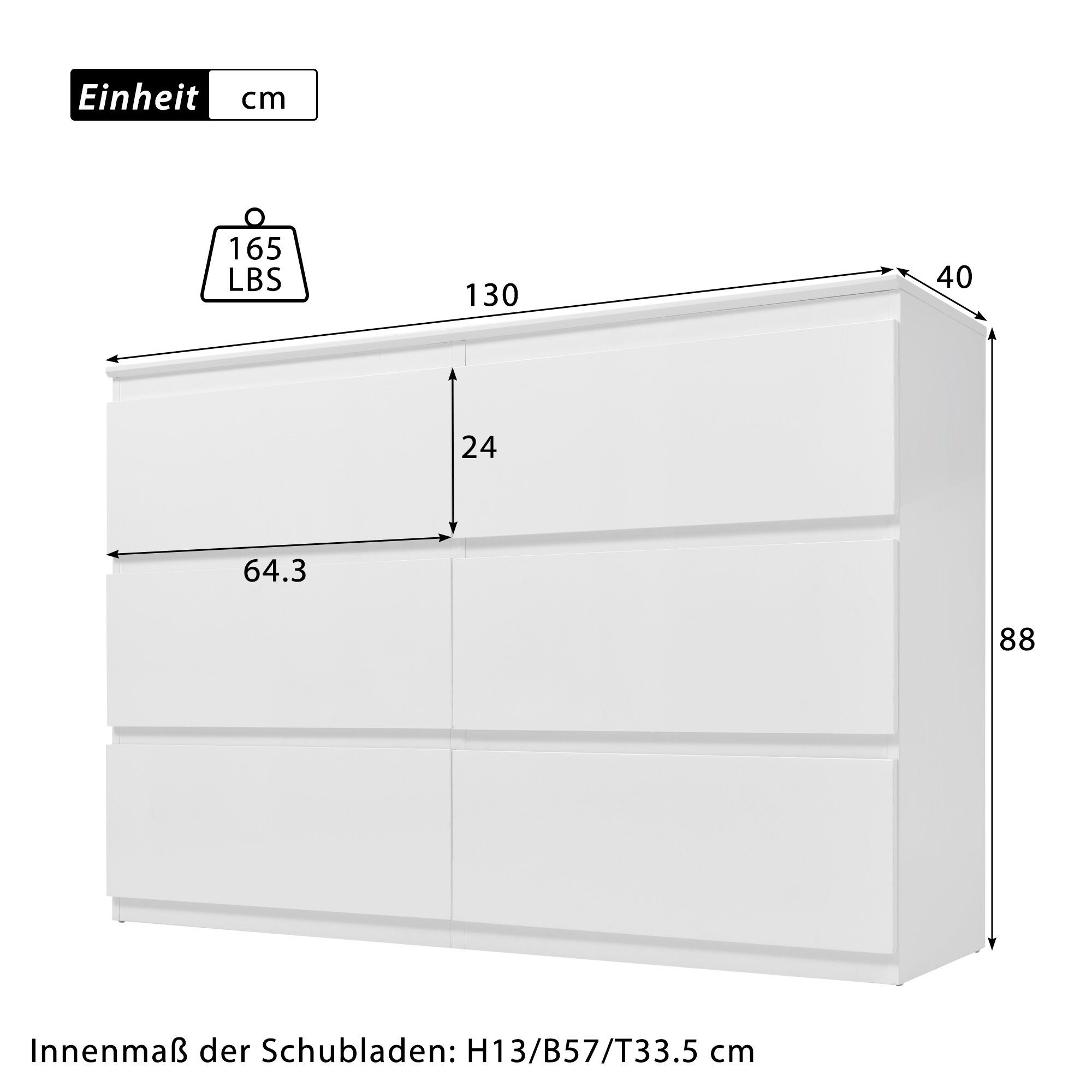 WISHDOR Sideboard Kommode (130CM HochglanzKommode Weiß -B130/T40 /H88cm, Kommode mit 6 Schubladen und LED-Spiegel 60cm), Highboard Weiss Sideboard,für Schlafzimmer & alle Wohnräume