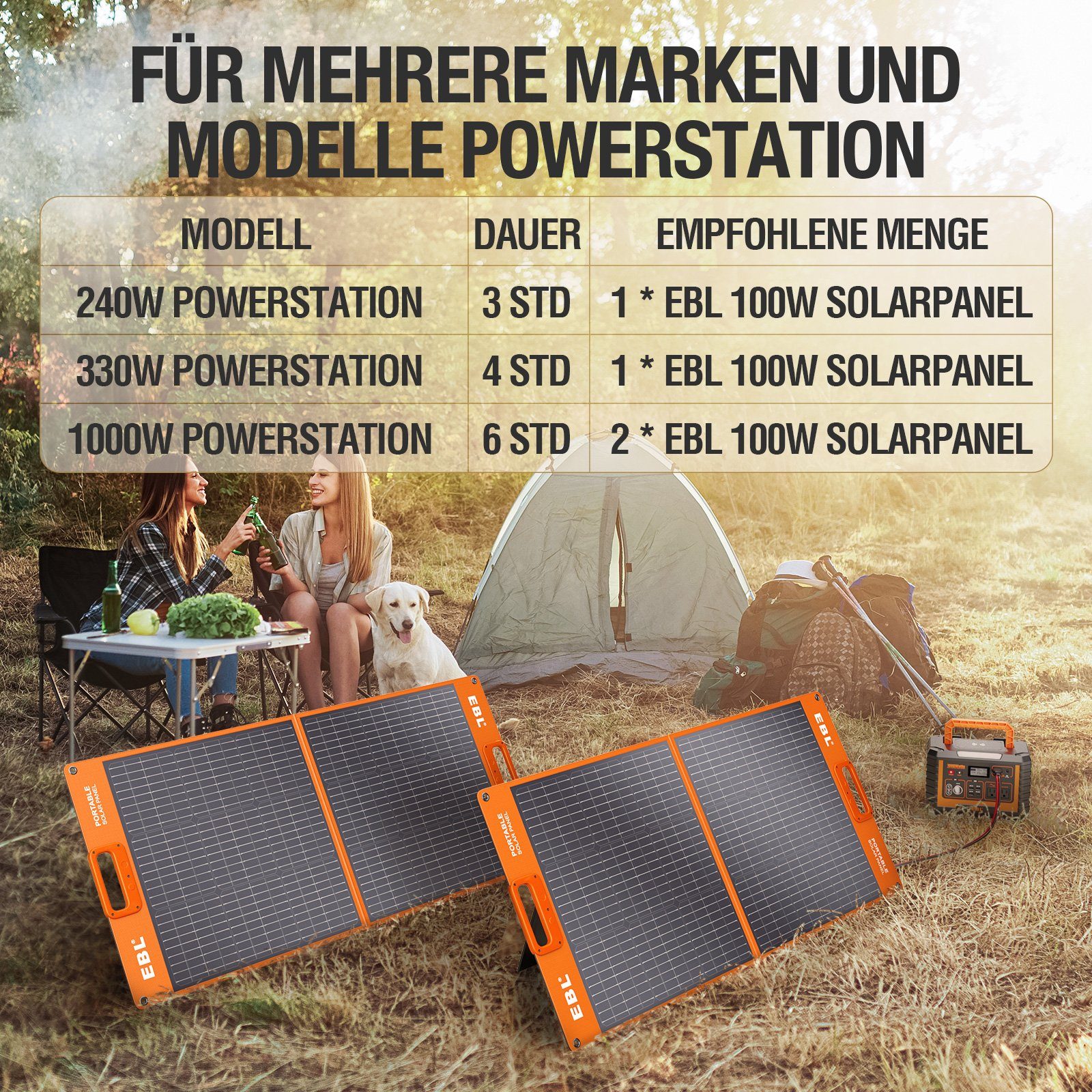 EBL Solaranlage Faltbares 100W Solarmodul, Monokristallin, für Powerstation, 100,00 W, Monokristallin, (1-St)