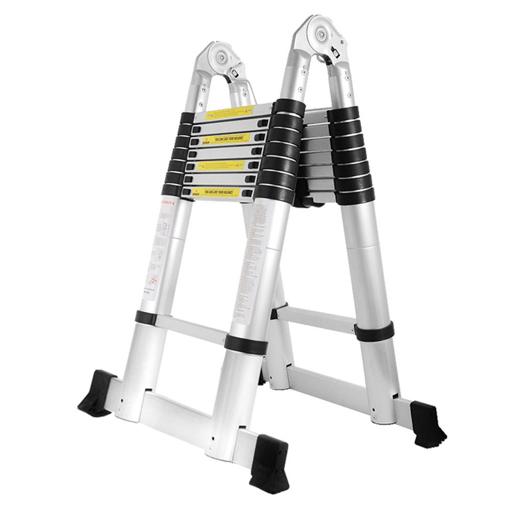 Lospitch Teleskopleiter Teleskopleiter Klappleiter 5M Aluleiter 16 Sprossen 150kg(2,5+2,5M), Klappdesign, Automatische Sperre