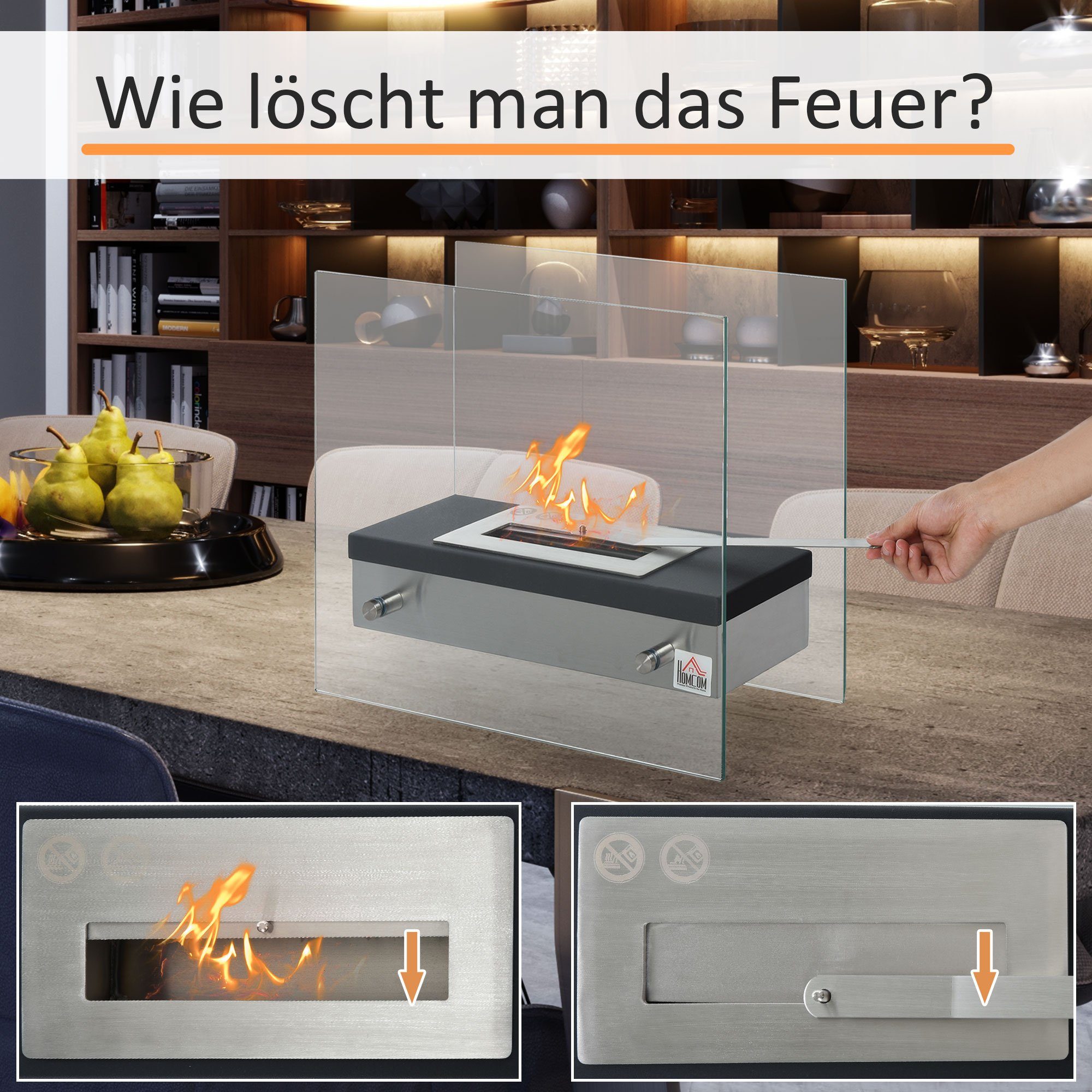 HOMCOM Echtfeuer-Dekokamin Ethanol-Kamin, Bio-Ethanol-Brenner 1,5L, 3 Stdn. Brenndauer, 47 x 20 x 40 cm