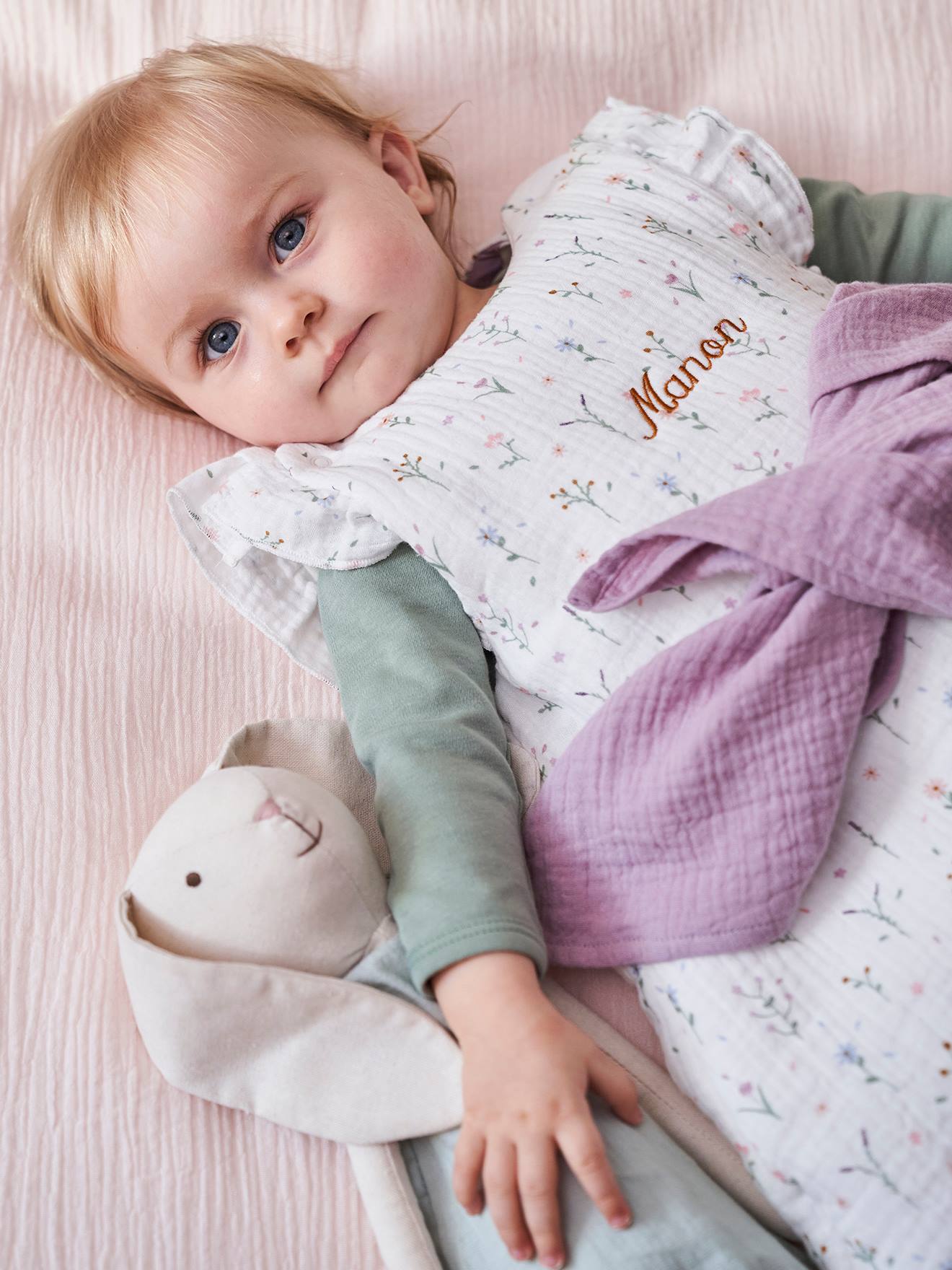 Vertbaudet Ärmelloser Baby Schlafsack PROVENCE Oeko-Tex personalisierbar - wollweiß/mehrfarbig