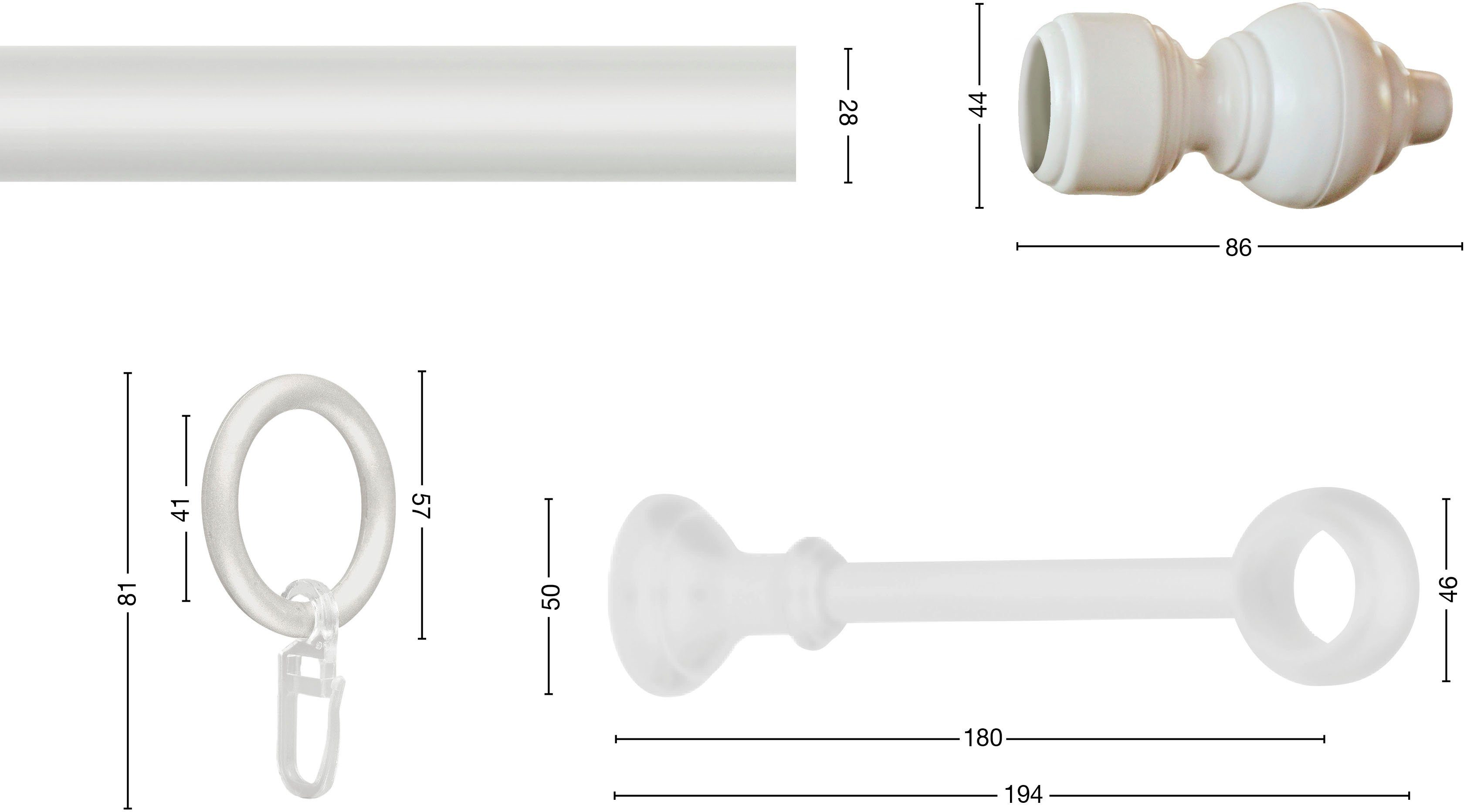 Gardinenstange STANDARD, GARESA, Ø 28 mm, 1-läufig, Wunschmaßlänge, Vorhanggarnitur, Kunststoff, verlängerbar, mit Ringe/2 Lauf Gleiter