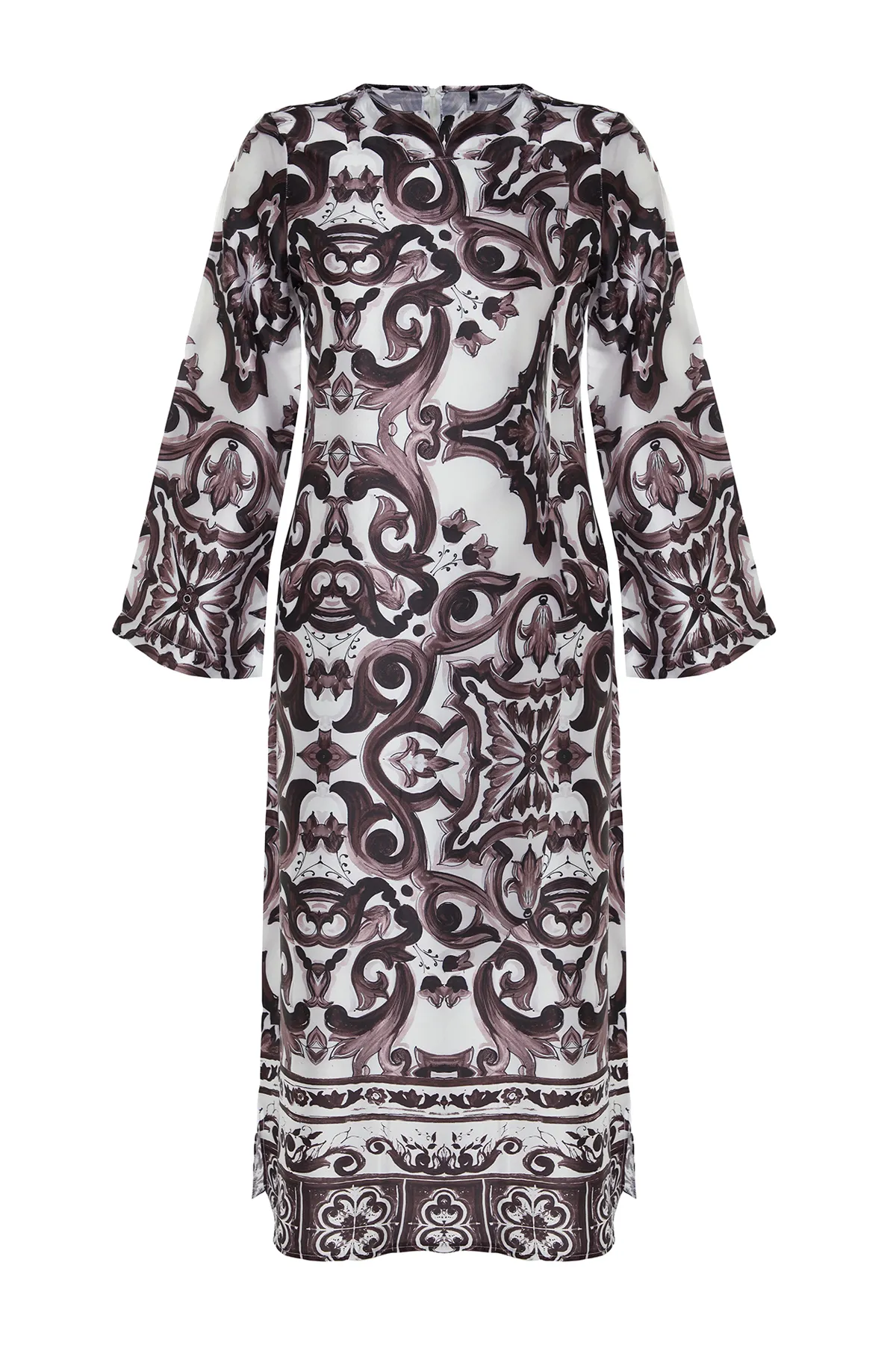 Trendyol Modest  Abendkleid aus braunem Satin mit ethnischem Muster - TCTSS23DB00028