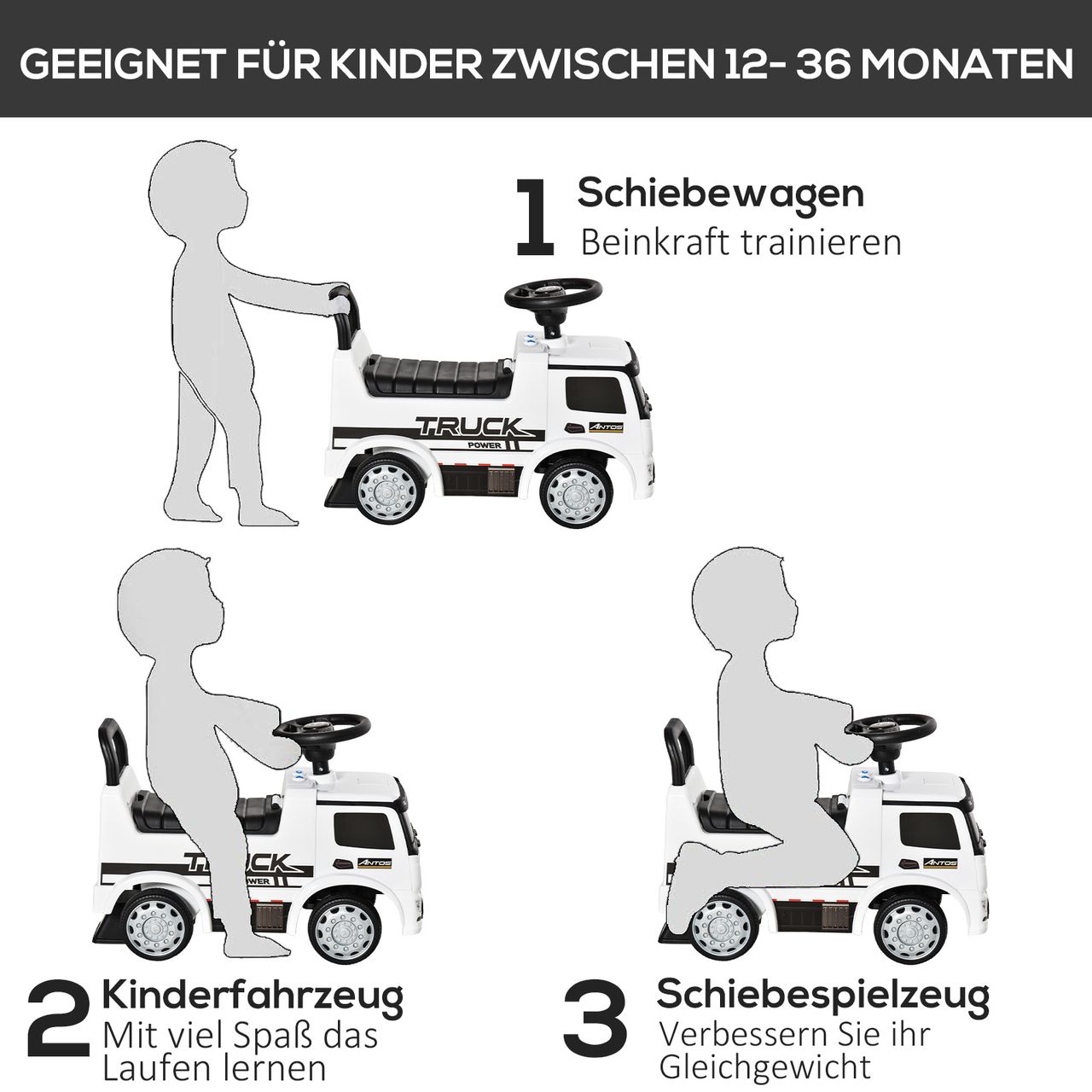 HOMCOM Rutscherfahrzeug Rutscherauto Babyrutscher Kinderfahrzeug lizenziert von Mercedes ANTOS-LKW-Stil mit Licht für Kinder von 12 bis 36 Monaten Metall PP-Kunststoff Weiß Schwarz 62,5x28,5x45cm