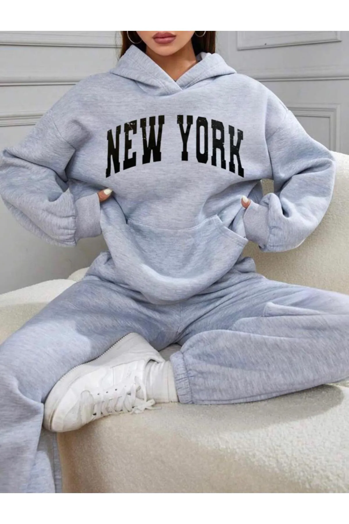My Blog  Graues New York-Trainingsanzug-Set mit Kapuze und Übergröße für Damen