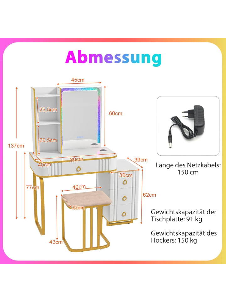 COSTWAY Schminktisch Set mit LED & Ladestation in Weiß günstig kaufen onesize