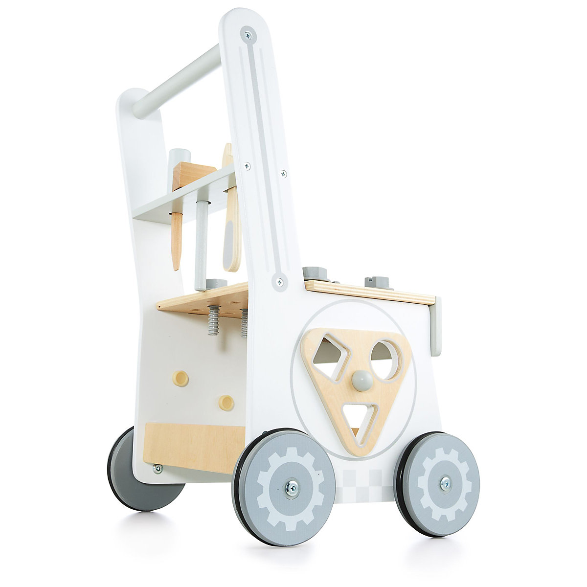 Lauflernwagen aus Holz mit Gummibereifung, Lauflernhilfe-Laufwagen für Kinder, Sortierer, Werkzeugbank für Kinder aus Holz