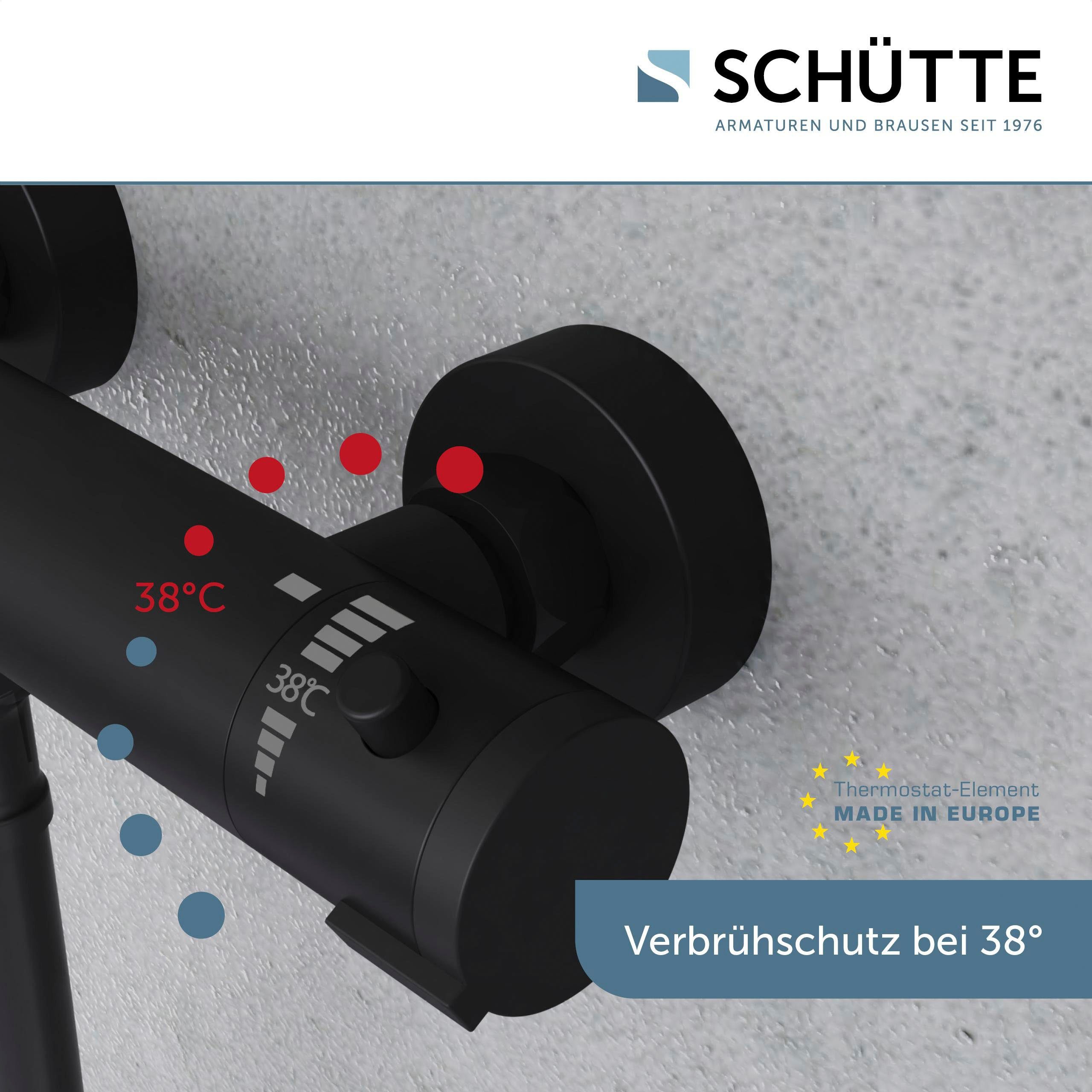 Schütte Duschsystem BLACK, Höhe 70 cm, 3 Strahlart(en), Überkopfbrauseset mit Thermostat, höhenverstellbar