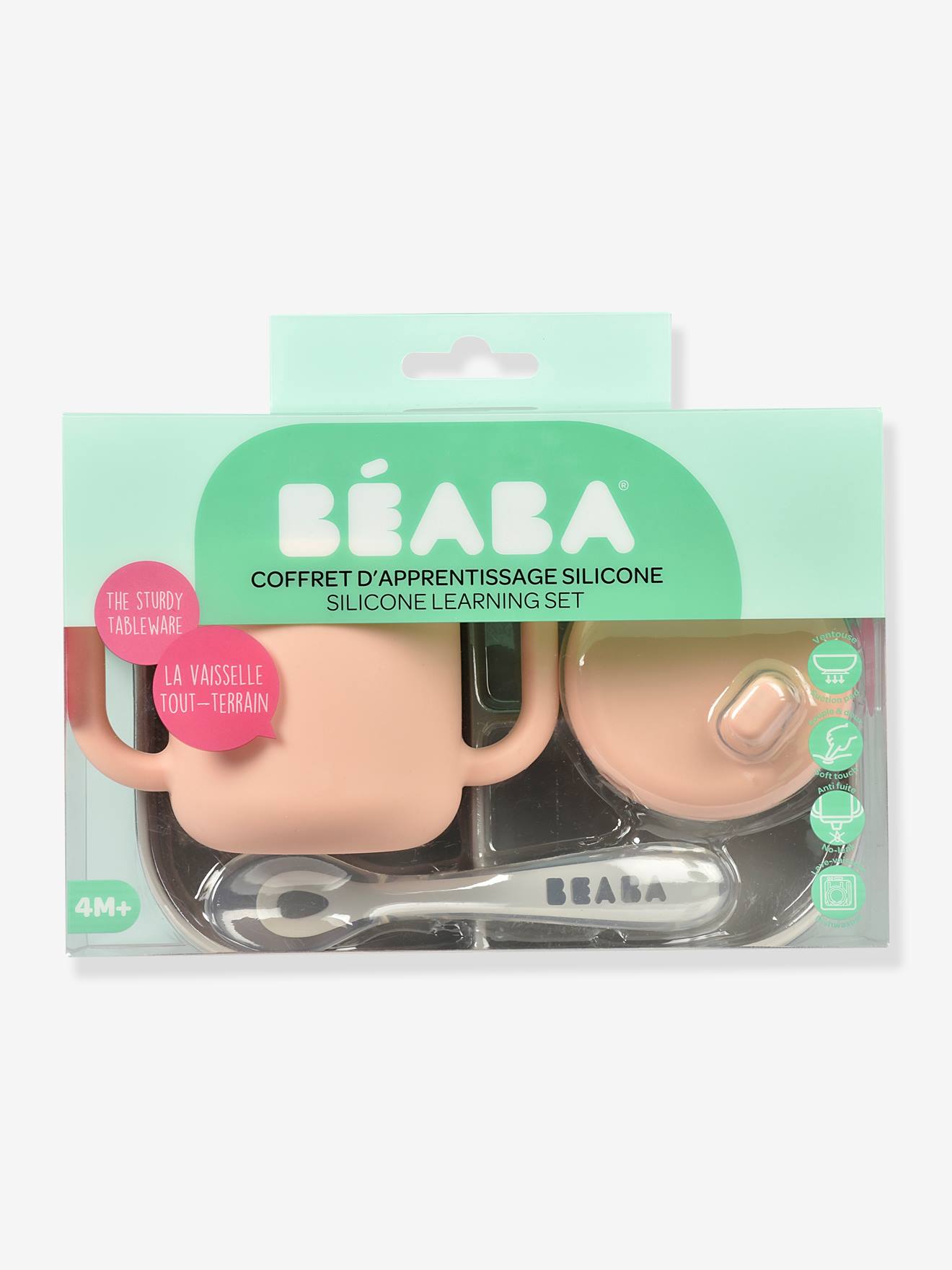 Coffret d’apprentissage 3 pièces BEABA en silicone rose