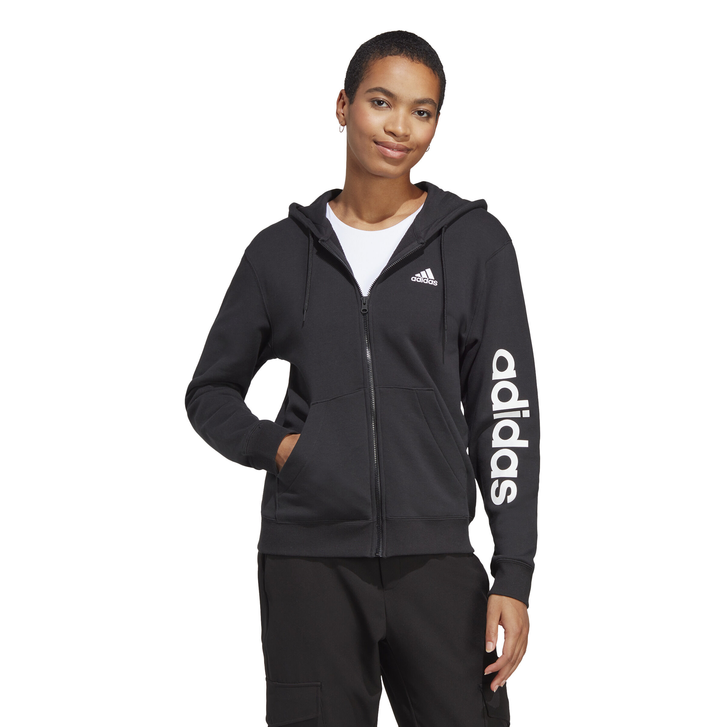 Linear French Terry Full Zip Sweatjacke Damen - Schwarz, Weiß
