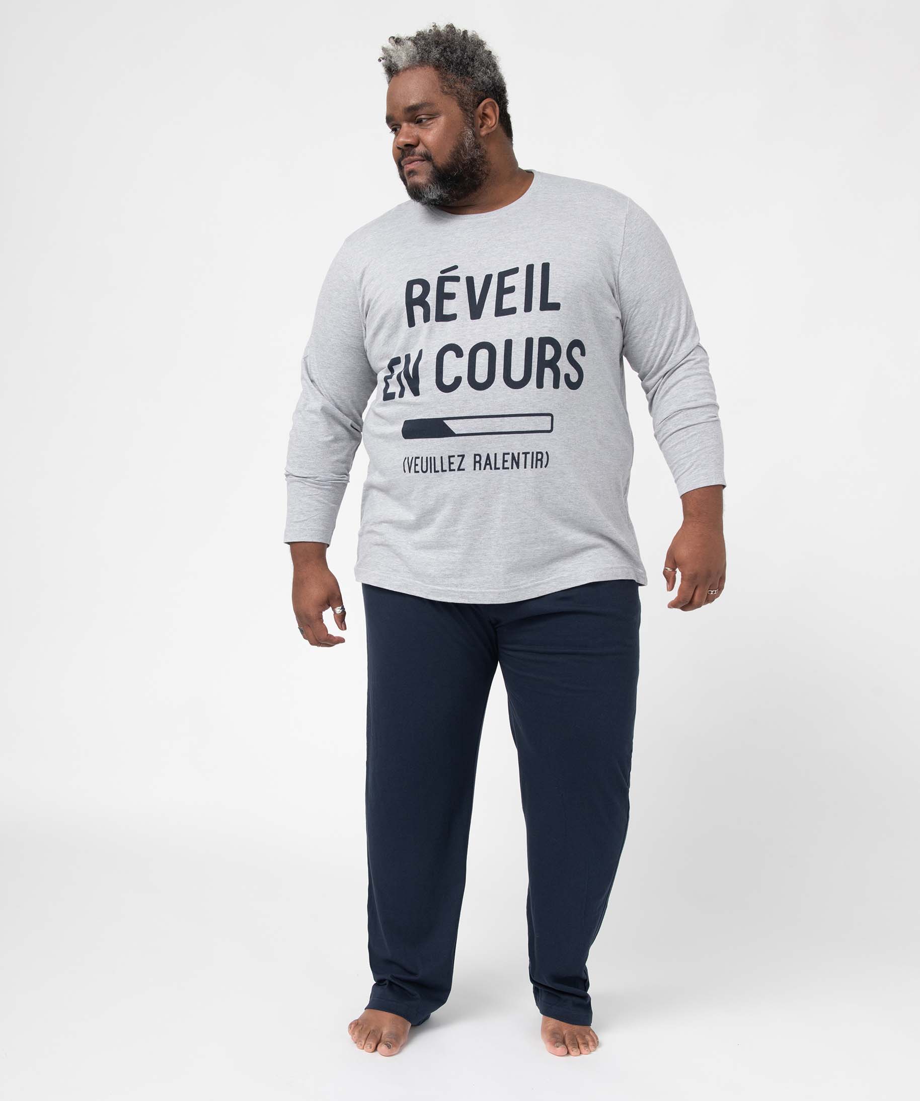 Pyjama homme grande taille à manches longues gris | GEMO