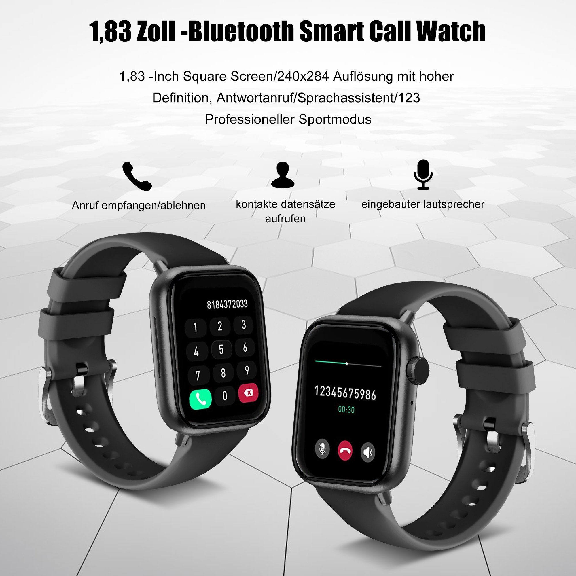 Tisoutec Smartwatch Damen Herren mit Telefonfunktion Fitness Tracker Fitnessuhr Smartwatch (Fitnessuhr mit Telefonfunktion/WhatsApp Notiz,Smartwatch Fitness Tracker Uhr IP67 Wasserdicht,1.83