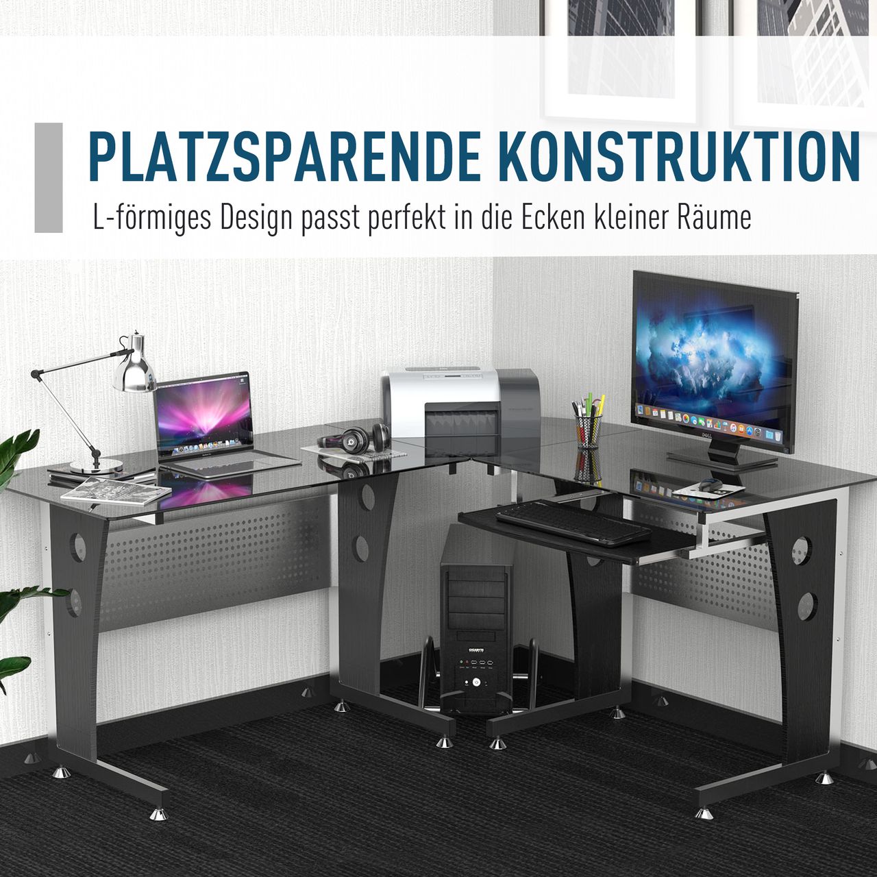 HOMCOM Computertisch Eckschreibtisch PC Tisch Bürotisch mit Sicherheitsglas Büro