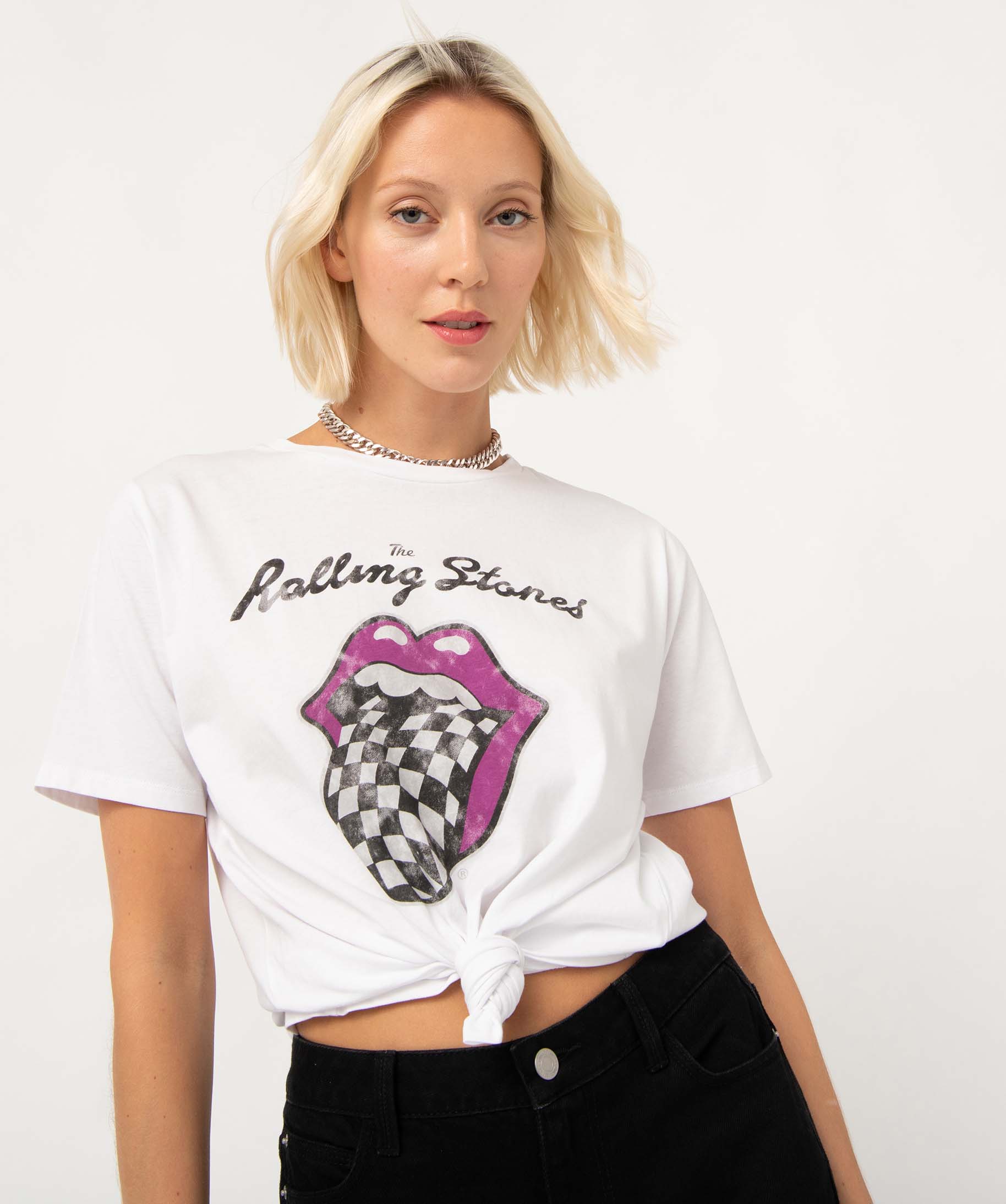 Tee-shirt femme à manches courtes avec motif - Rolling Stones blanc | GEMO