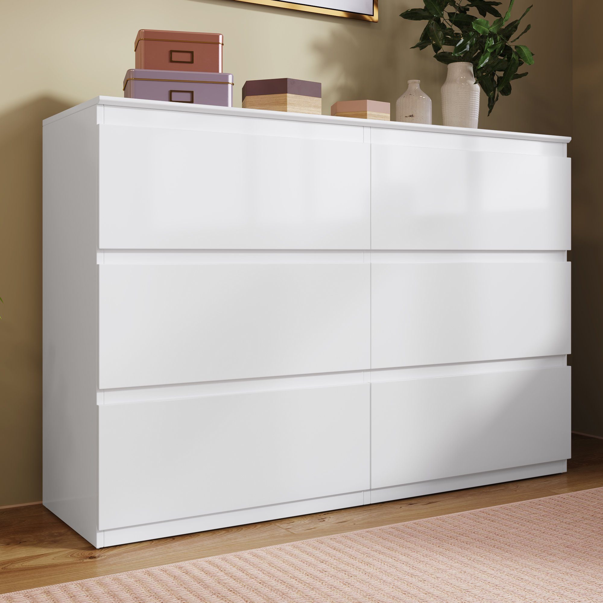 OKWISH Sideboard Schubladenkommode (Kommode mit 6 Schubladen 130CM, Weiß -B130/T40 /H88cm), Highboard Weiss Sideboard für Schlafzimmer & alle Wohnräume