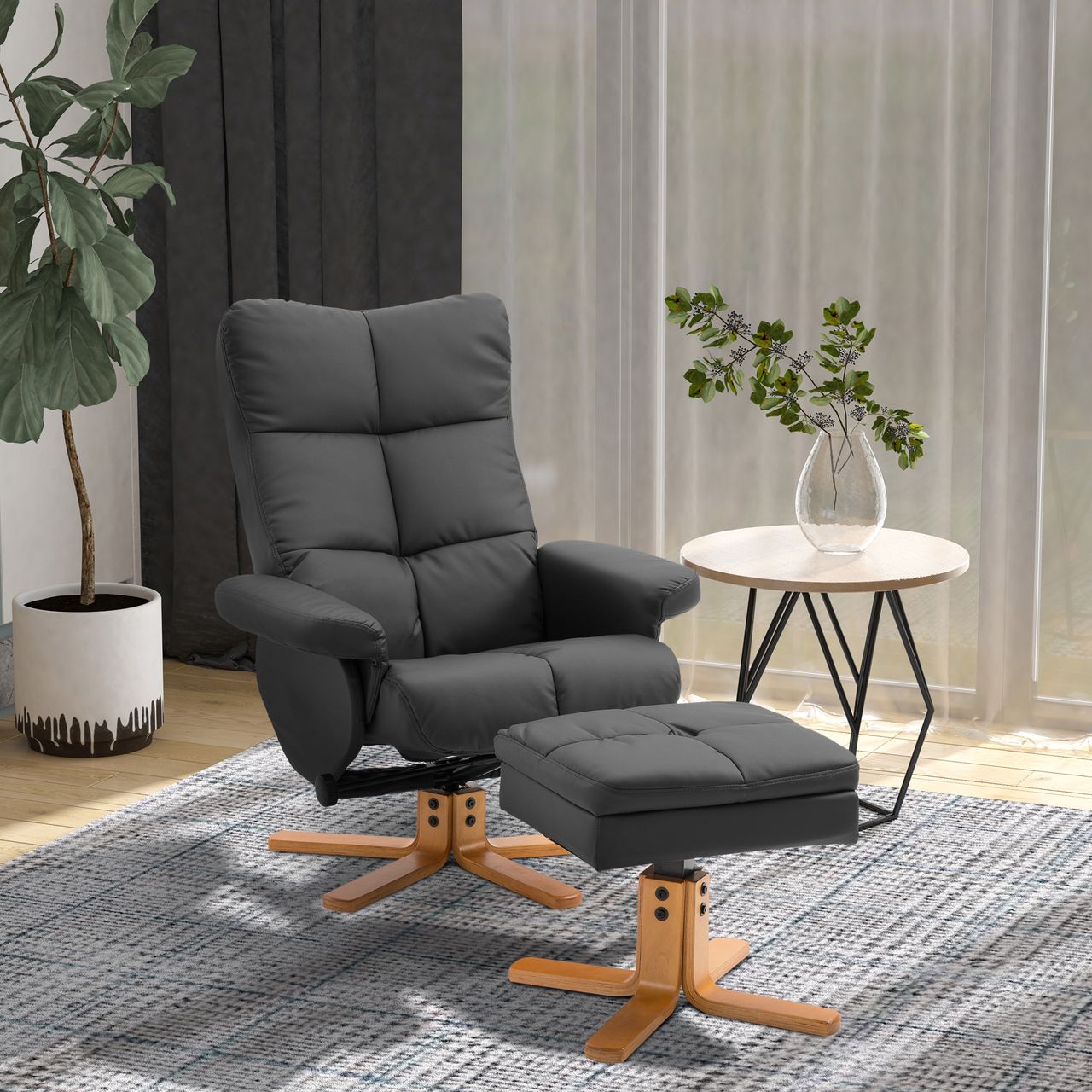 HOMCOM Relaxsessel Fernsehsessel 360° drehbarer Sessel mit Hocker Liegefunktion Holzgestell Schwarz 80 x 86 x 99cm