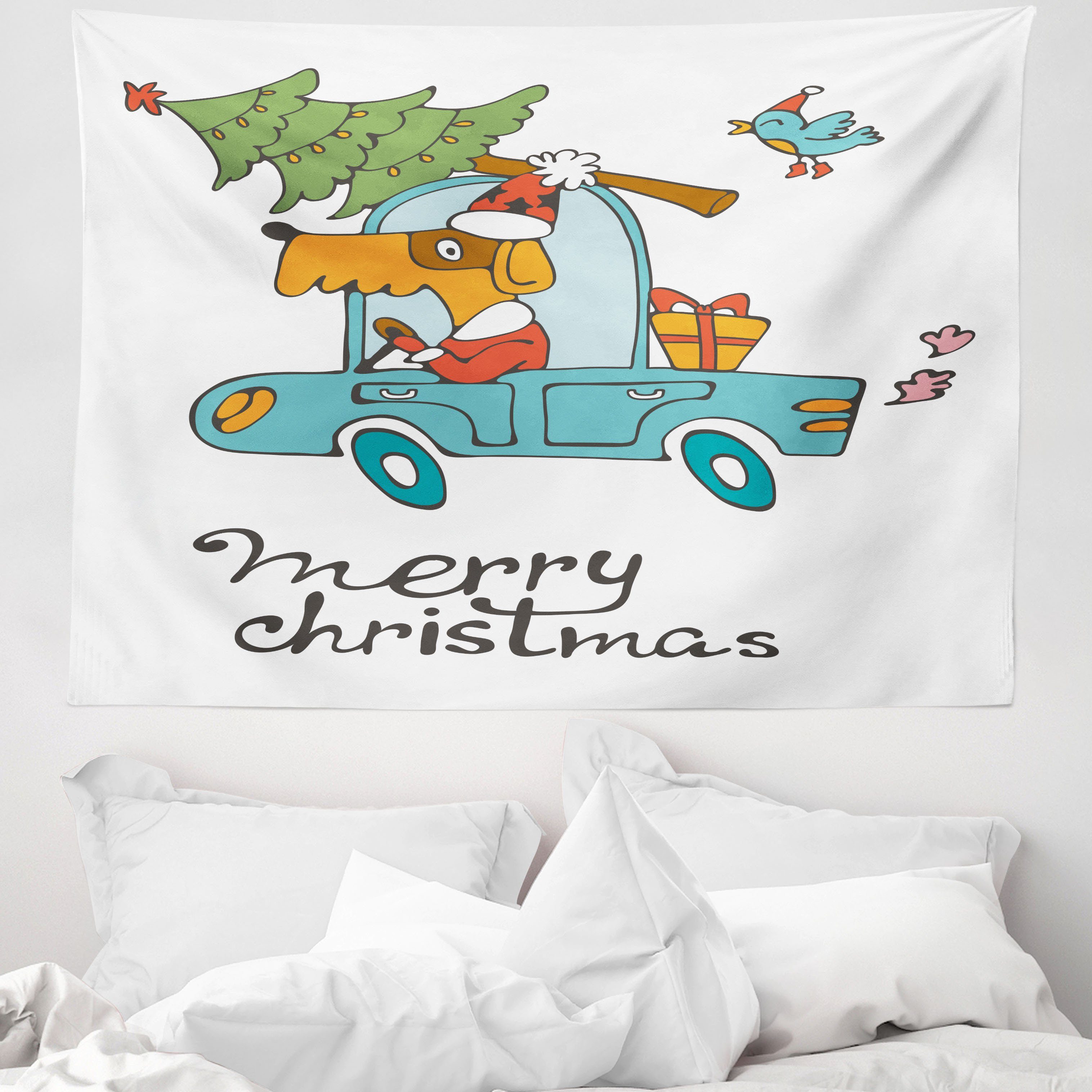 Wandteppich aus Weiches Mikrofaser Stoff Für das Wohn und Schlafzimmer, Abakuhaus, rechteckig, Weihnachten Hund in Vintage Car
