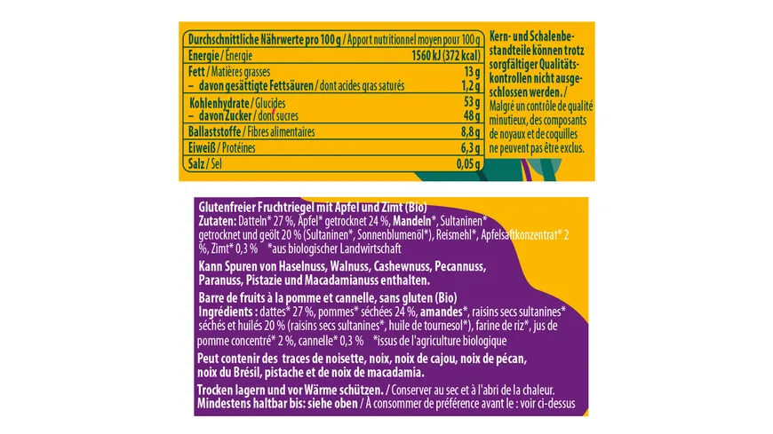 Alnavit Bio Apfel Zimt Fruchtriegel glutenfrei 40 g