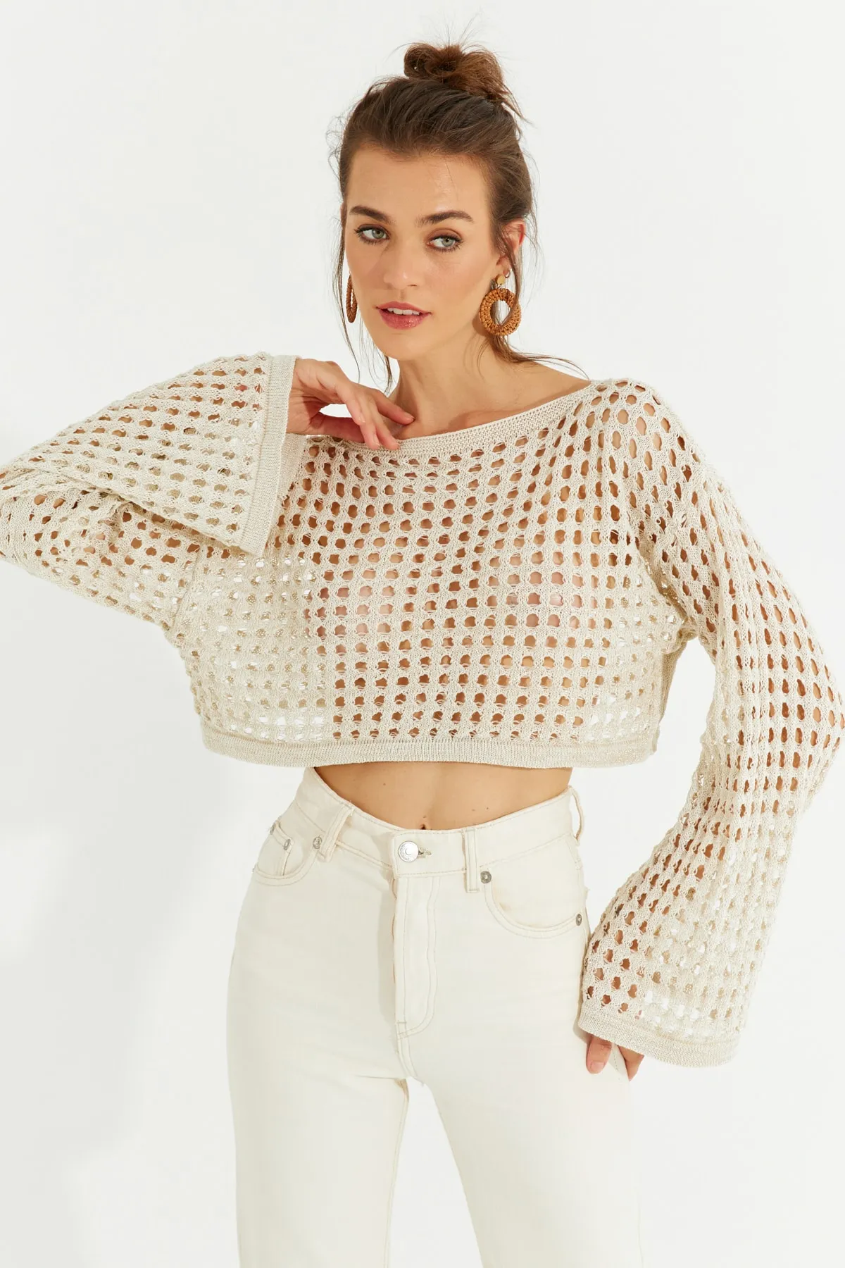 Cool & Sexy  Ecrufarbene, durchbrochene, glitzernde Strick-Kurzbluse für Damen YV141