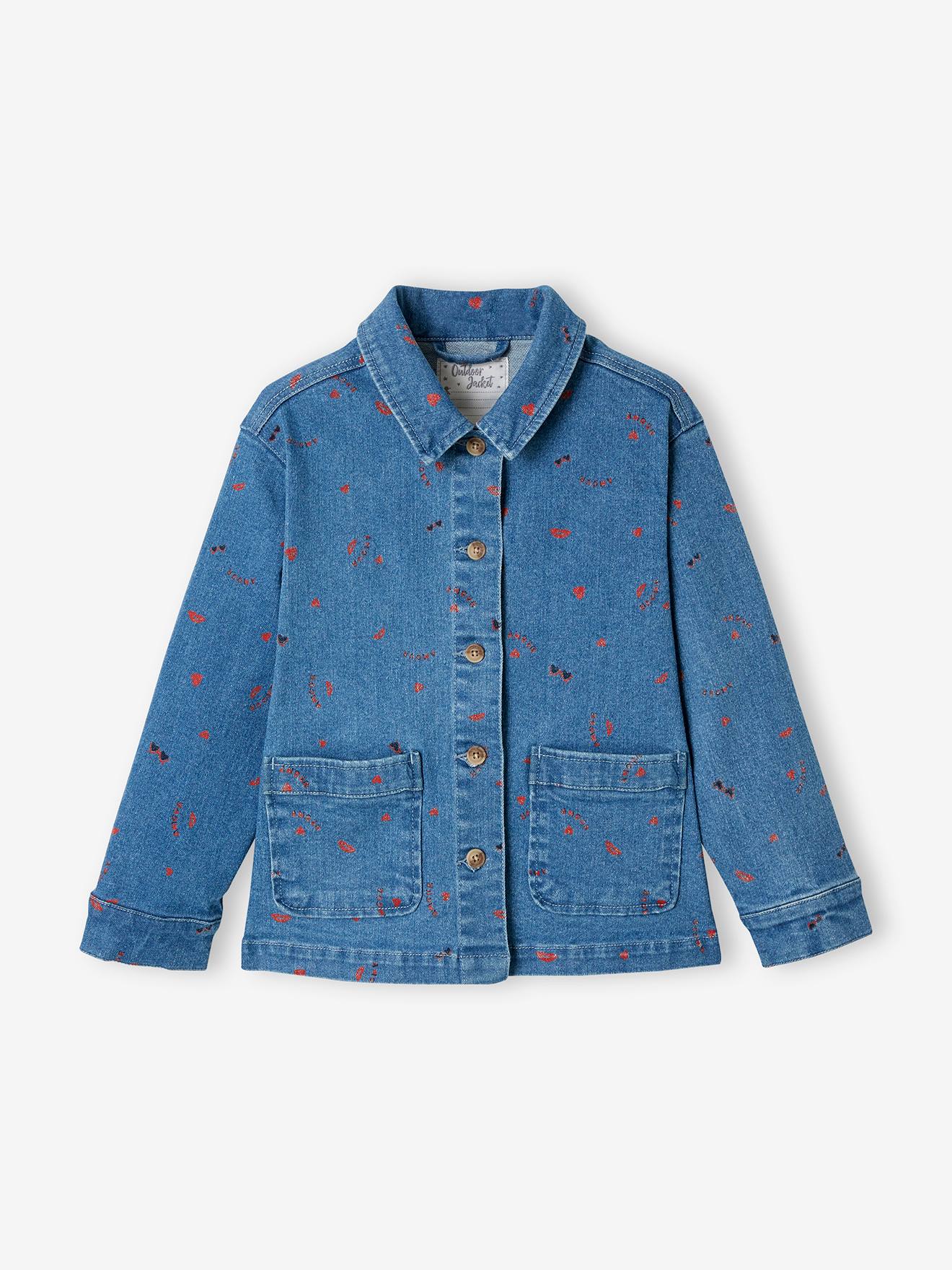 Veste style worker en jean fille rose imprimé