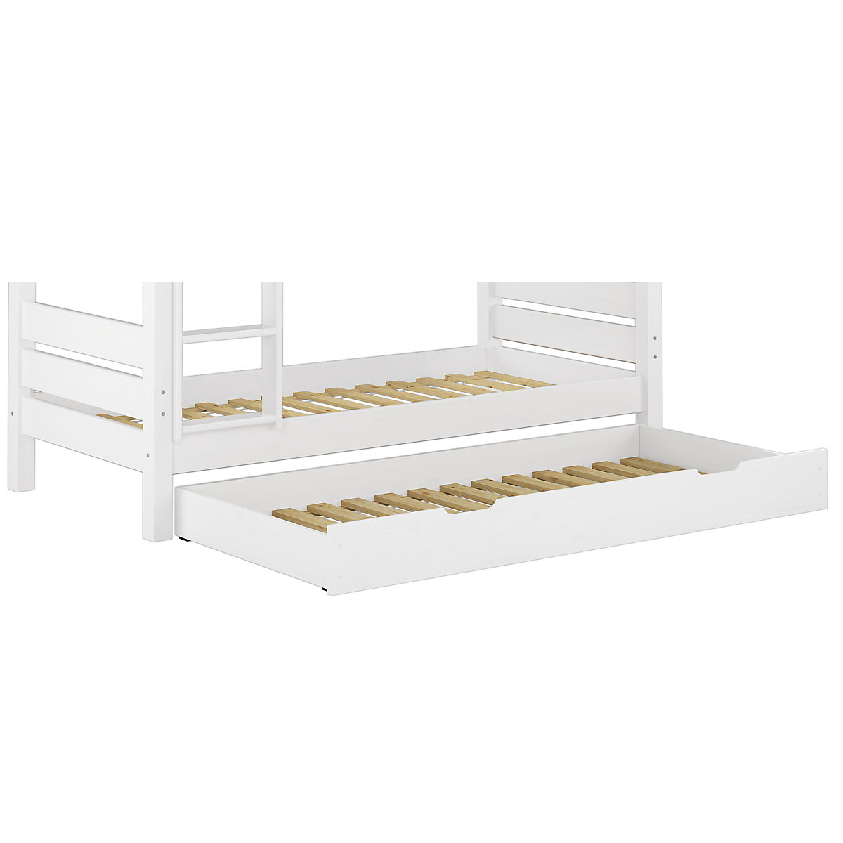 Stockbett 90x200 Kiefer weiß Rollroste, Matratzen, Gästebettkasten