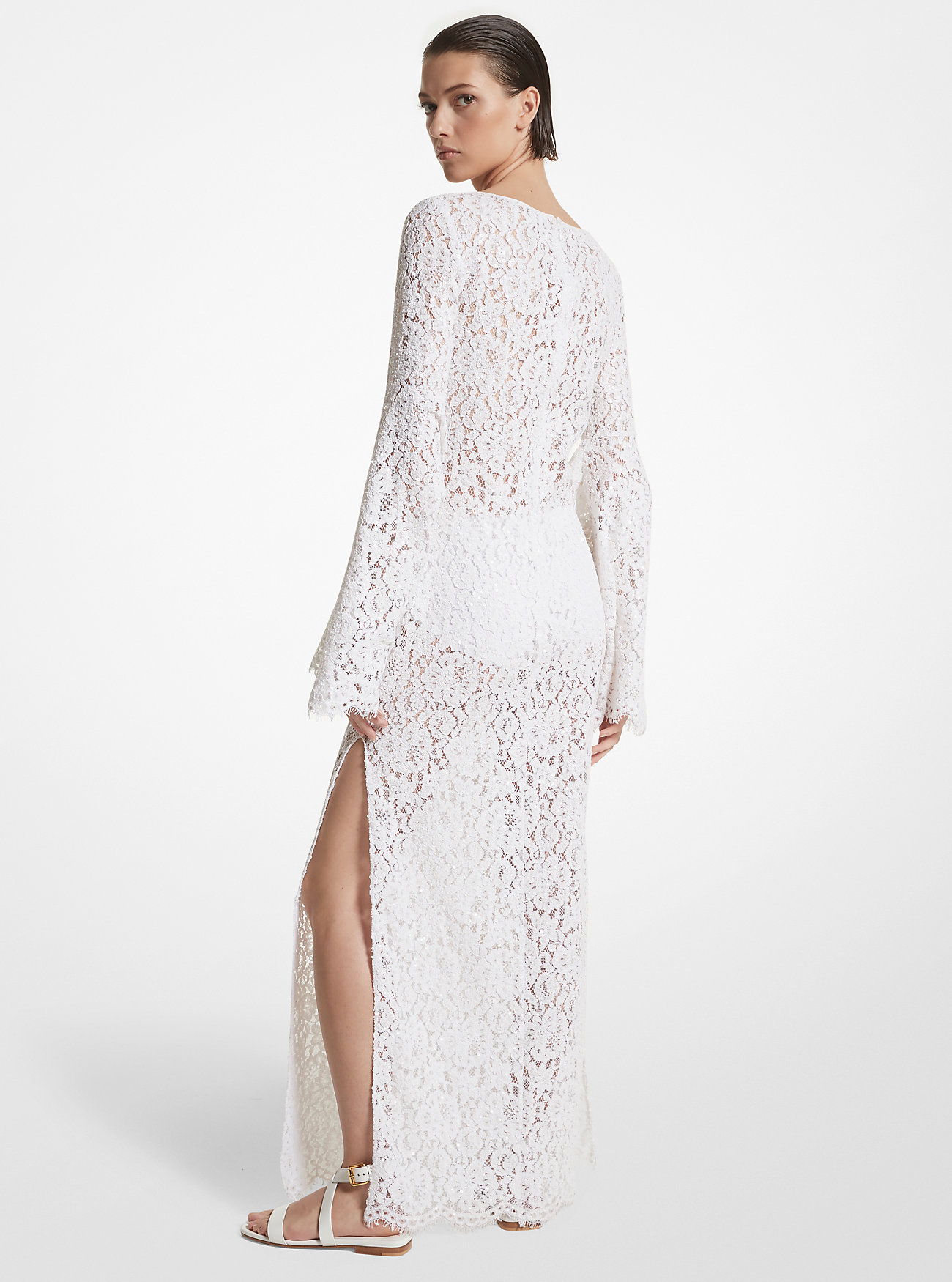 Håndbrodert paljettblomsterblonder med nøkkelhullsdjellaba - OPTIC WHITE