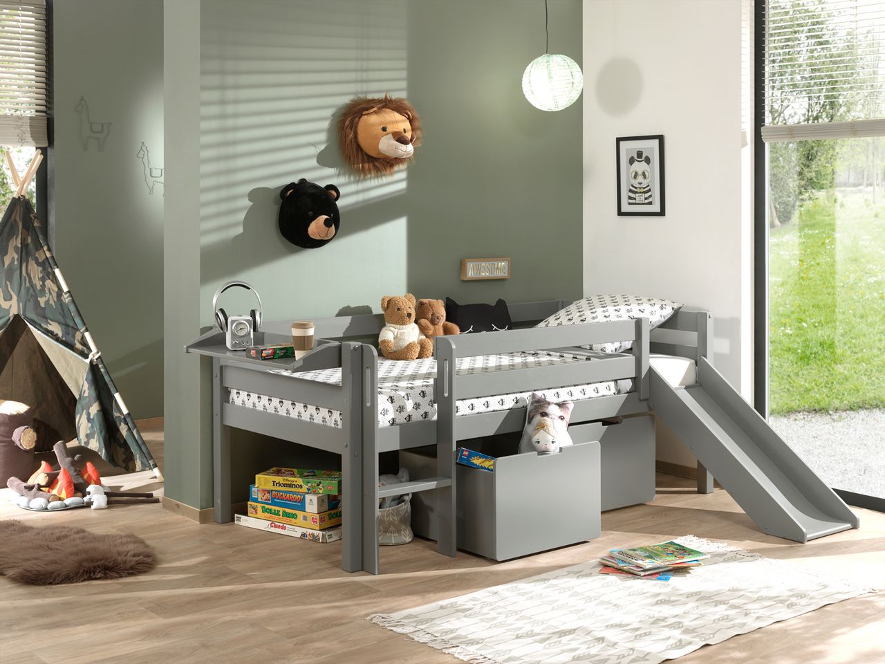VIPACK Spielbett mit Liegefläche 90 x 200 cm, inkl. Leiter, Regal, Rutsche, Rolllattenrost und 2 Schubkästen, Kiefer und MDF grau lackiert