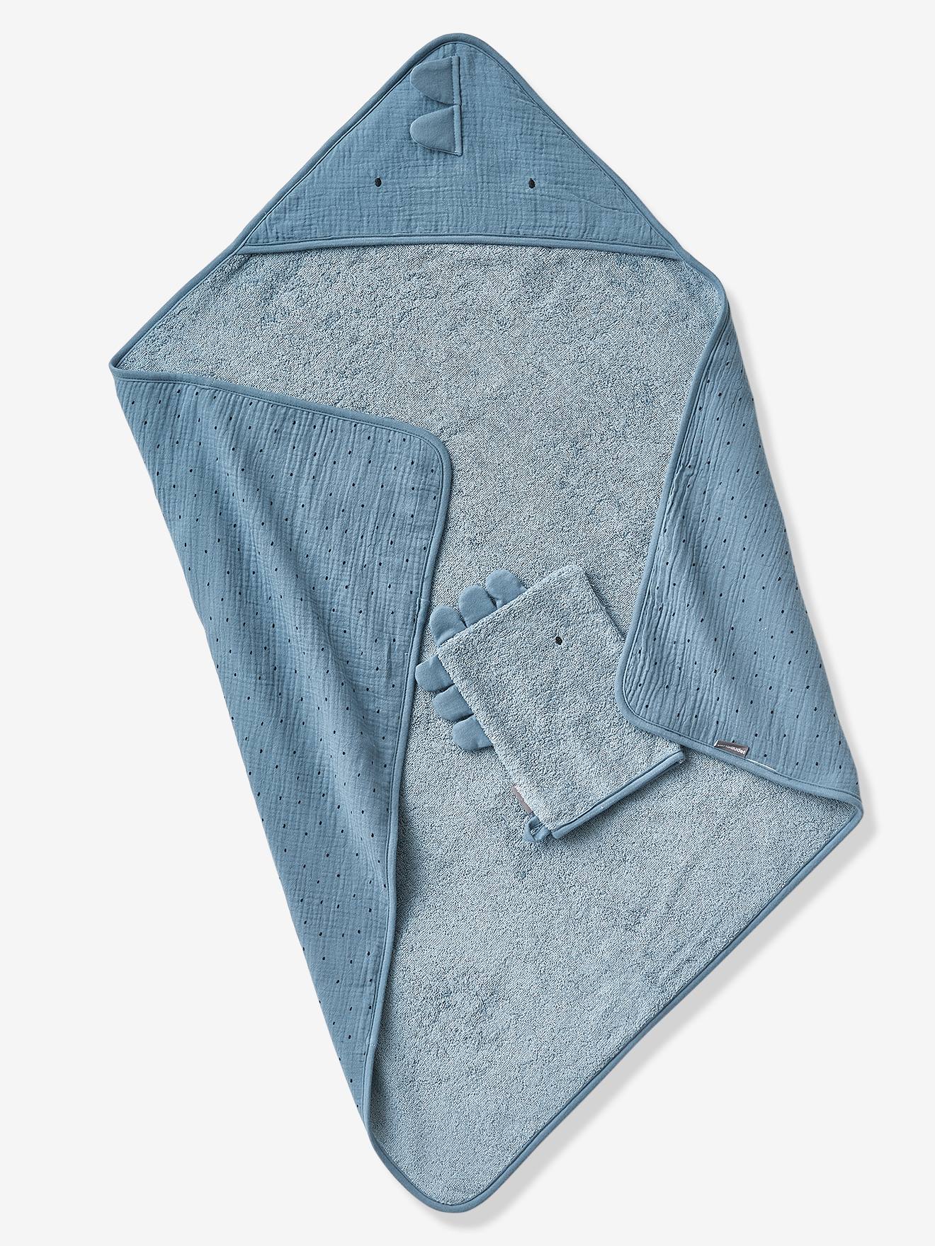 Cape de bain bébé en gaze de coton + gant de toilette PETIT DINO bleu